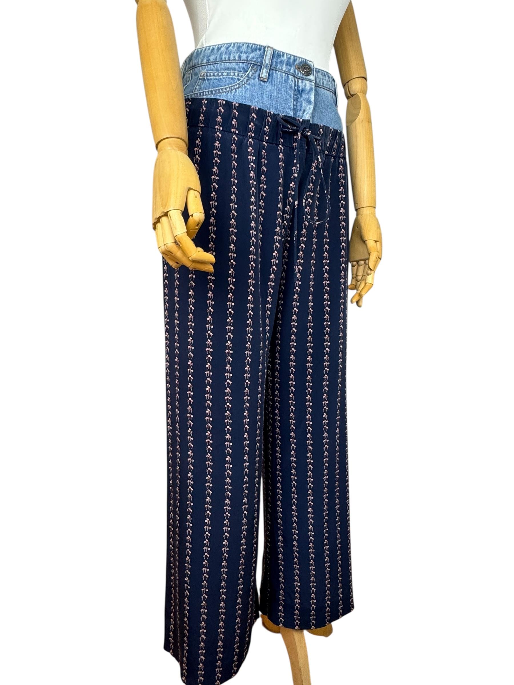 CHANEL NAVY BLUE PRINTED SILK DENIM WAISTBAND PANTS