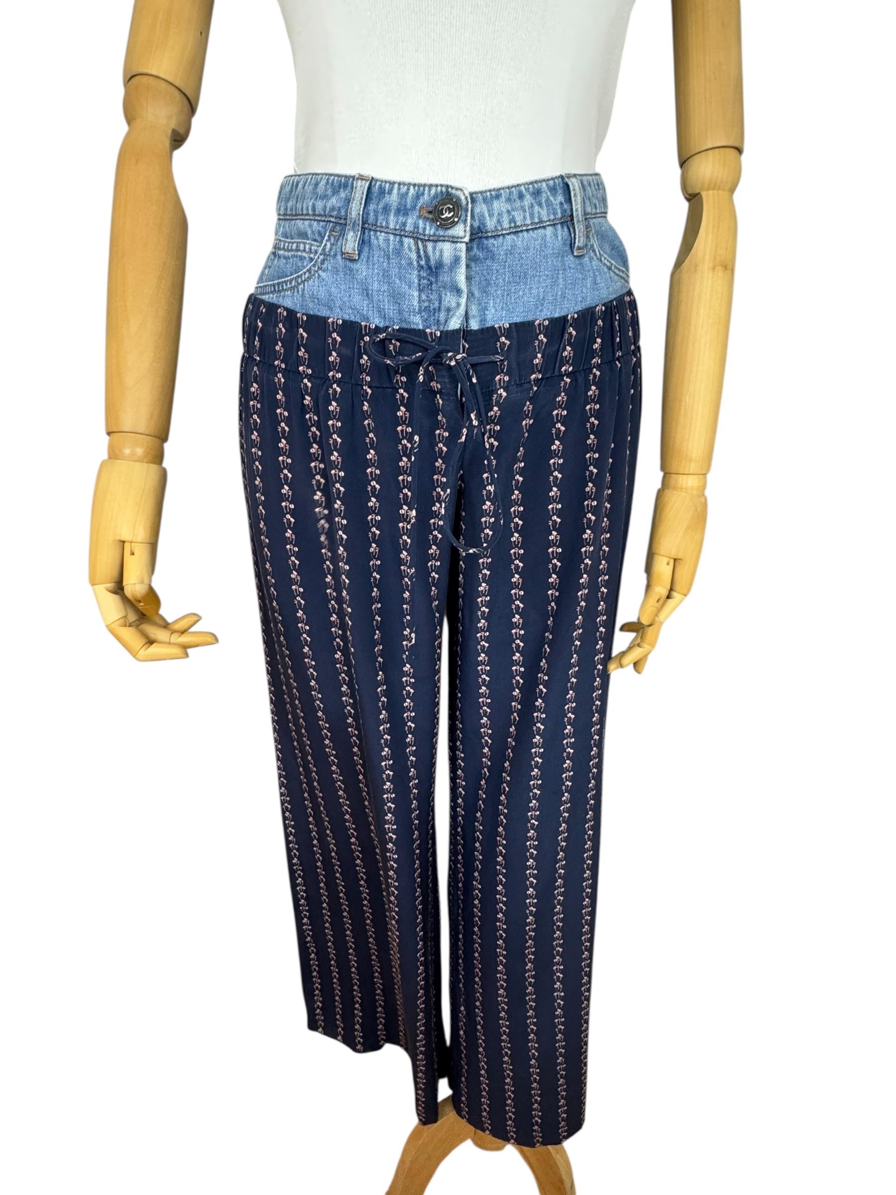 CHANEL NAVY BLUE PRINTED SILK DENIM WAISTBAND PANTS