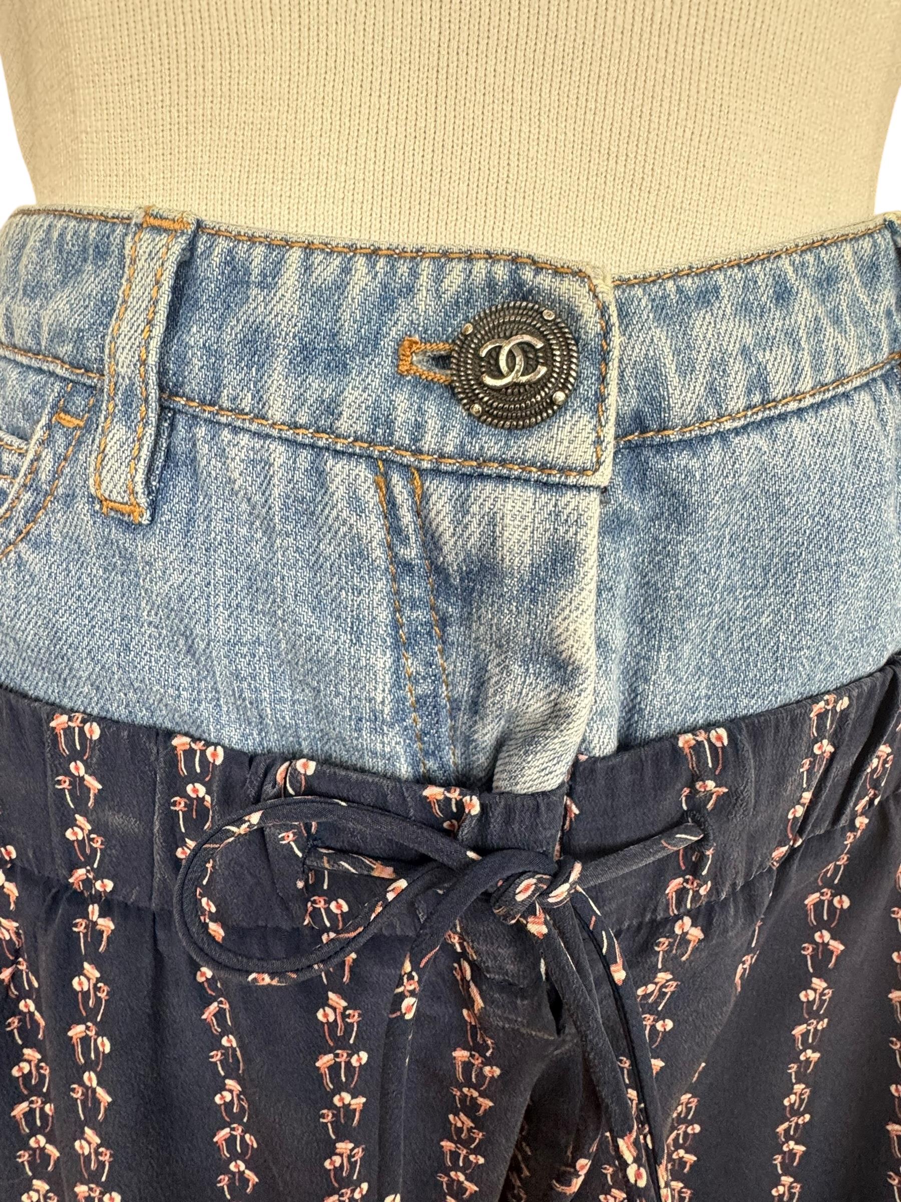 CHANEL NAVY BLUE PRINTED SILK DENIM WAISTBAND PANTS