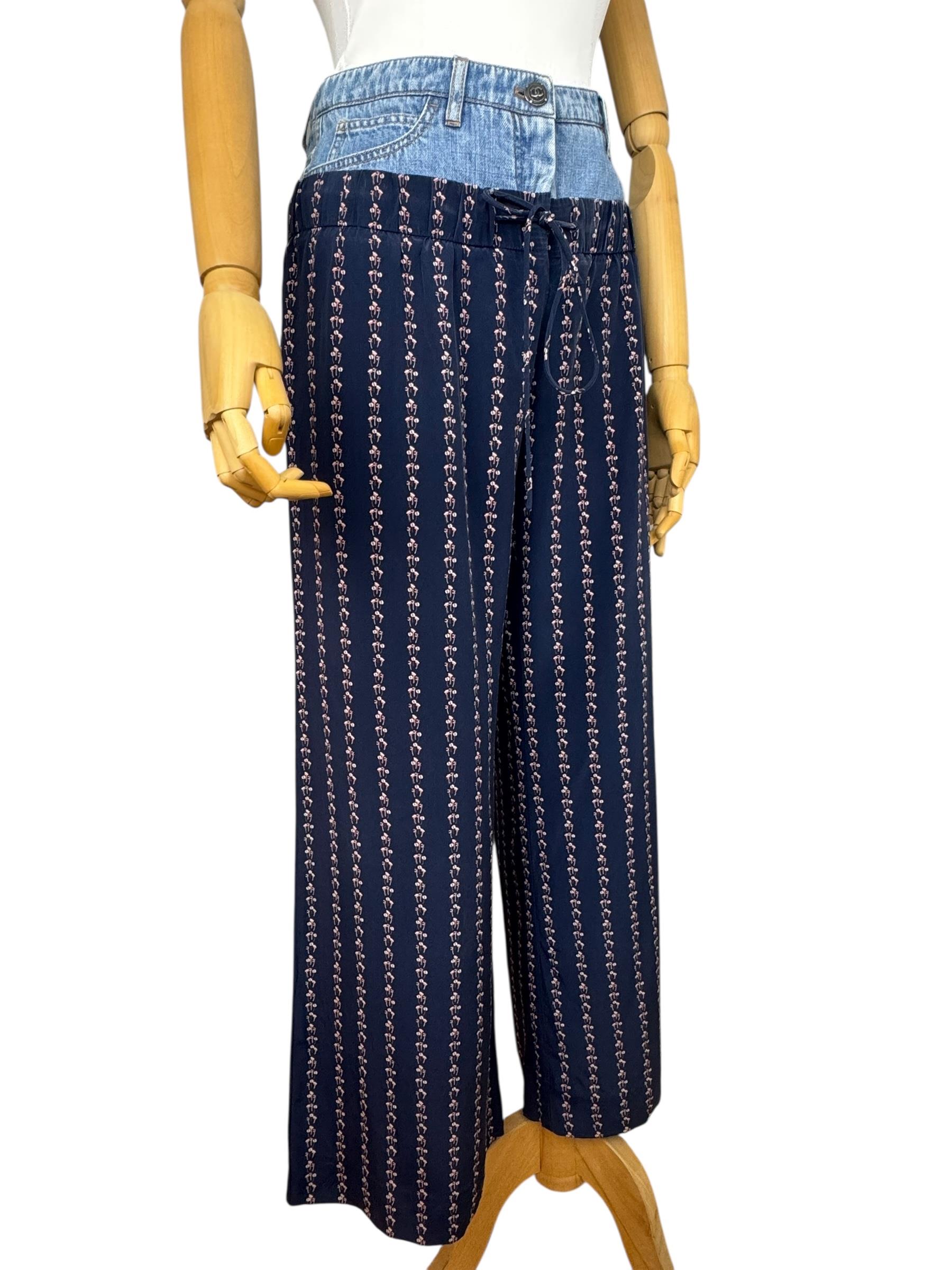 CHANEL NAVY BLUE PRINTED SILK DENIM WAISTBAND PANTS