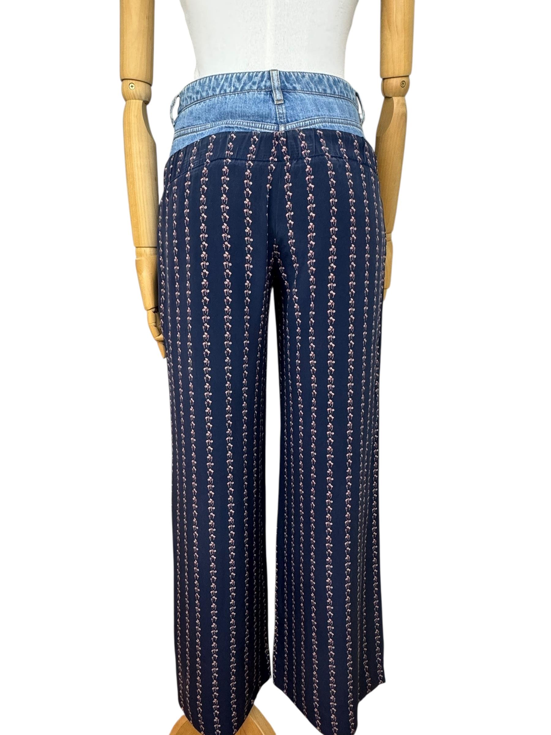 CHANEL NAVY BLUE PRINTED SILK DENIM WAISTBAND PANTS