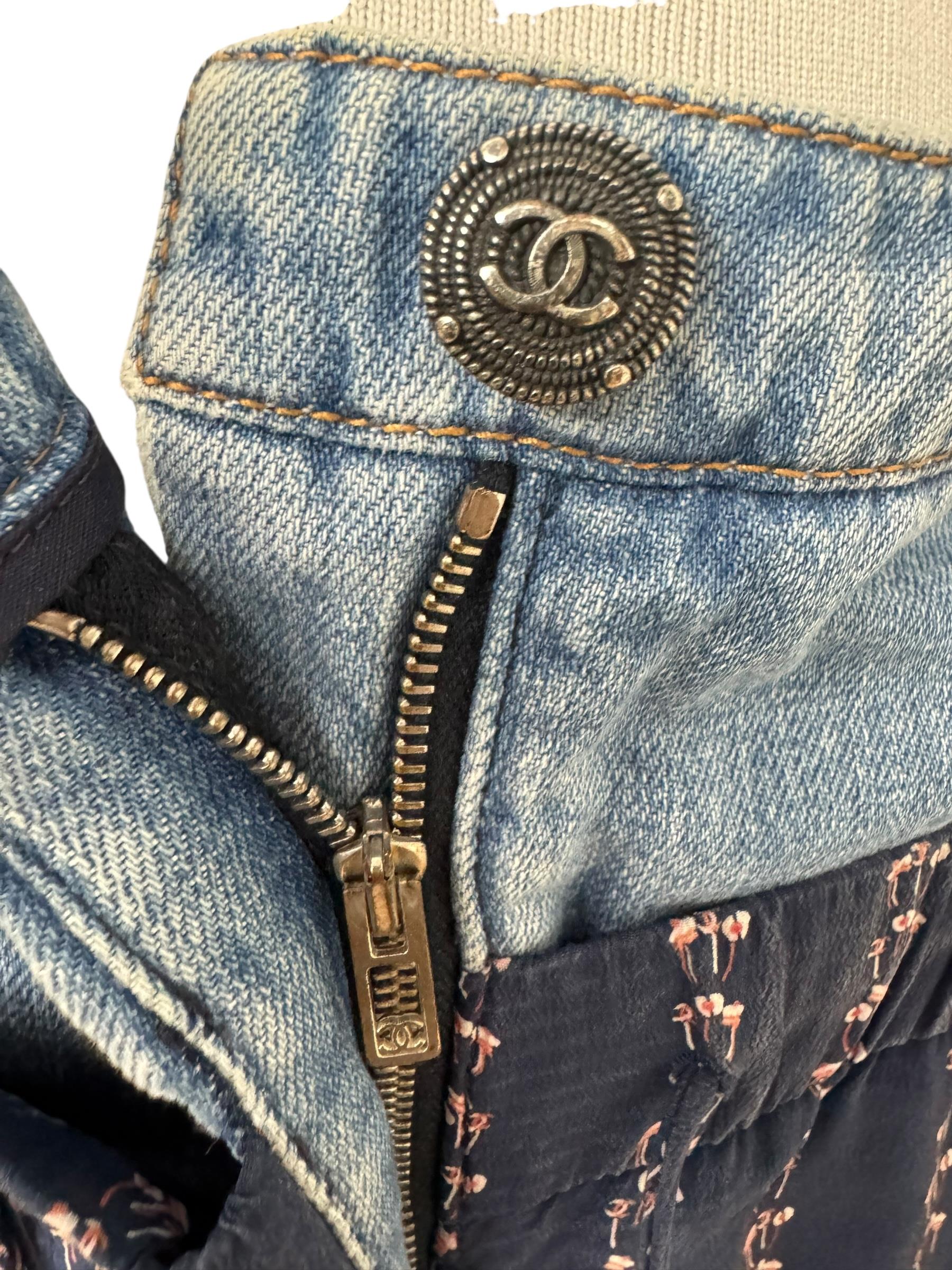 CHANEL NAVY BLUE PRINTED SILK DENIM WAISTBAND PANTS