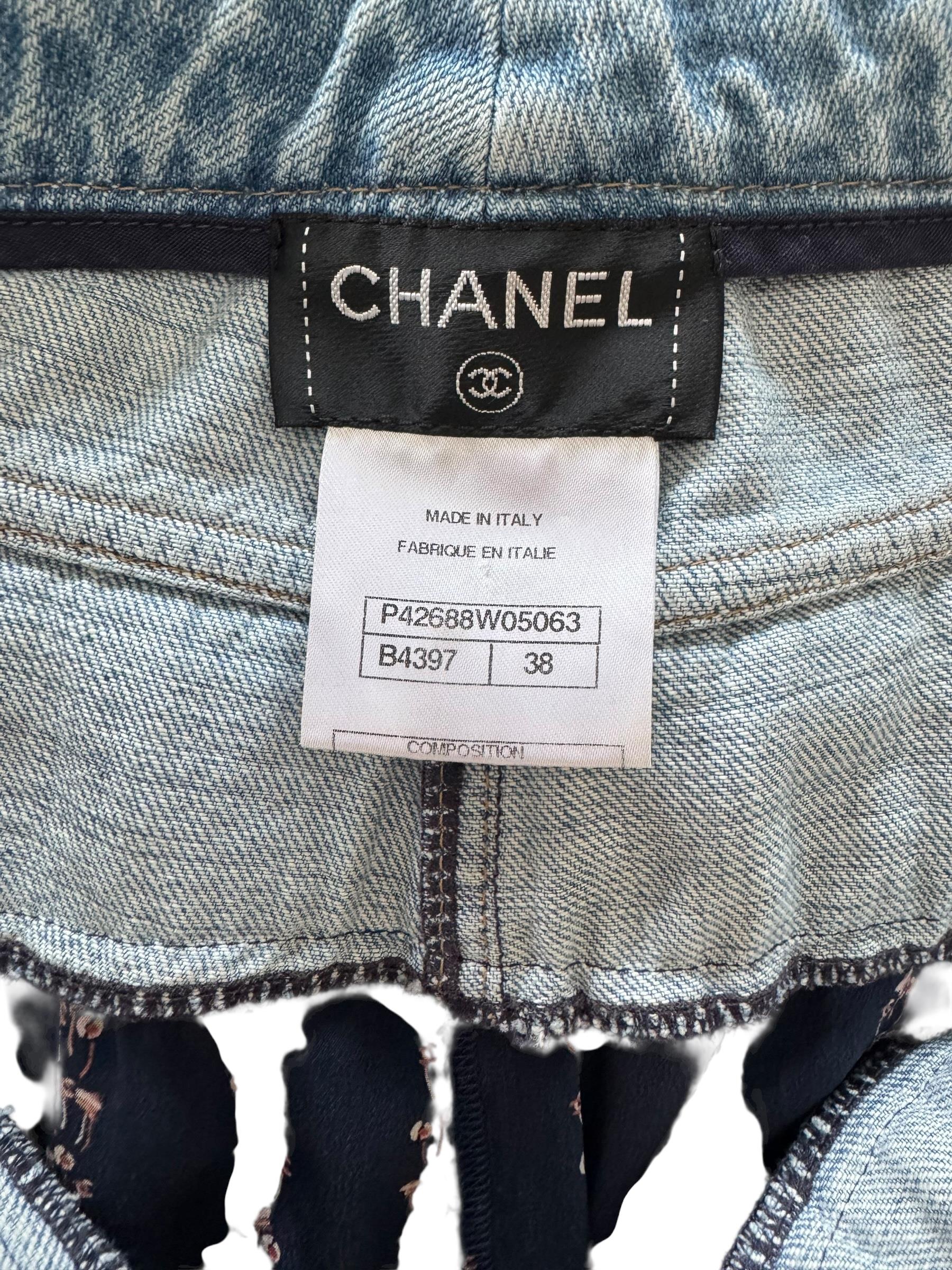 CHANEL NAVY BLUE PRINTED SILK DENIM WAISTBAND PANTS
