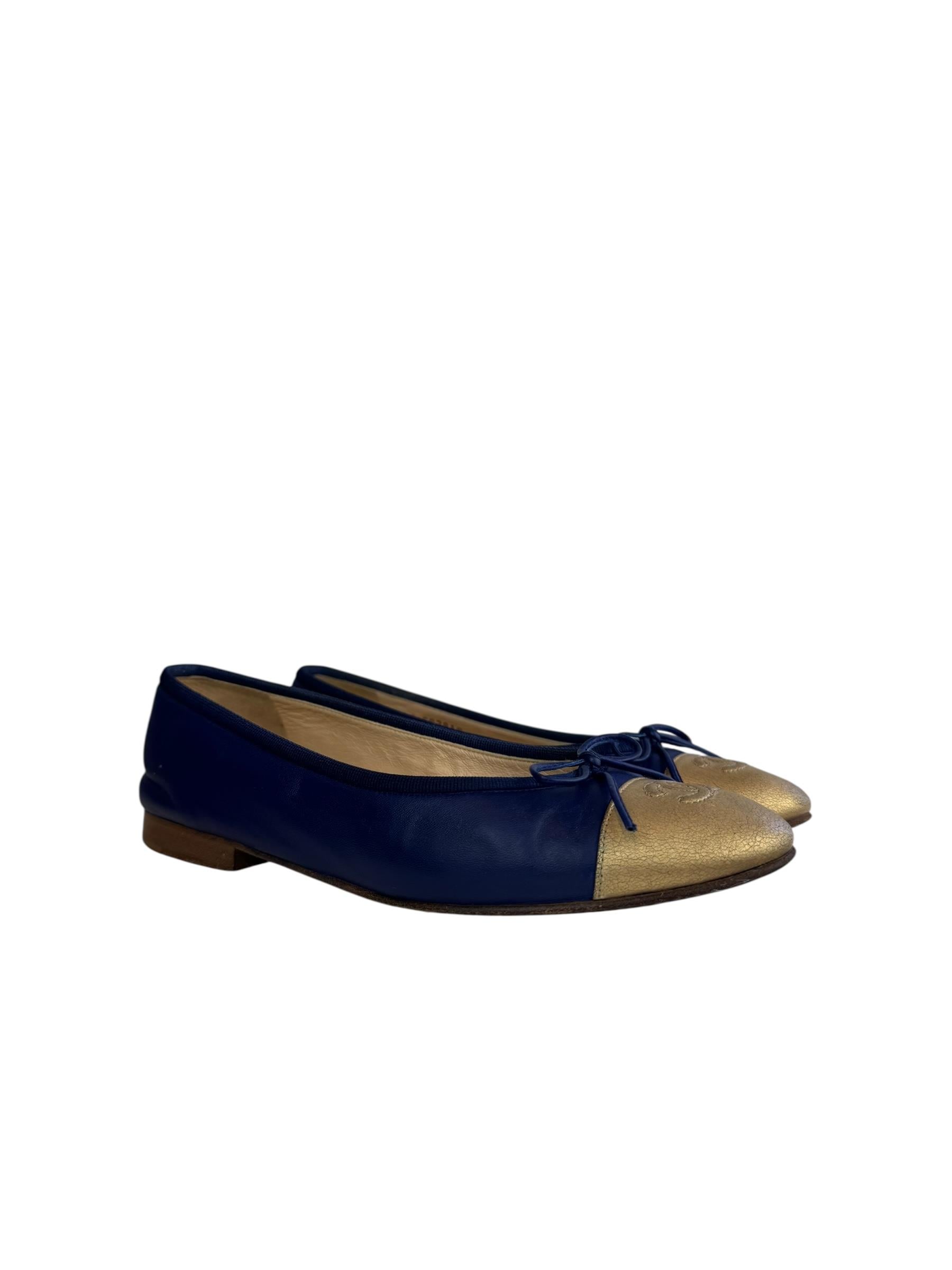 CHANEL NAVY GOLD BALLET FLATS