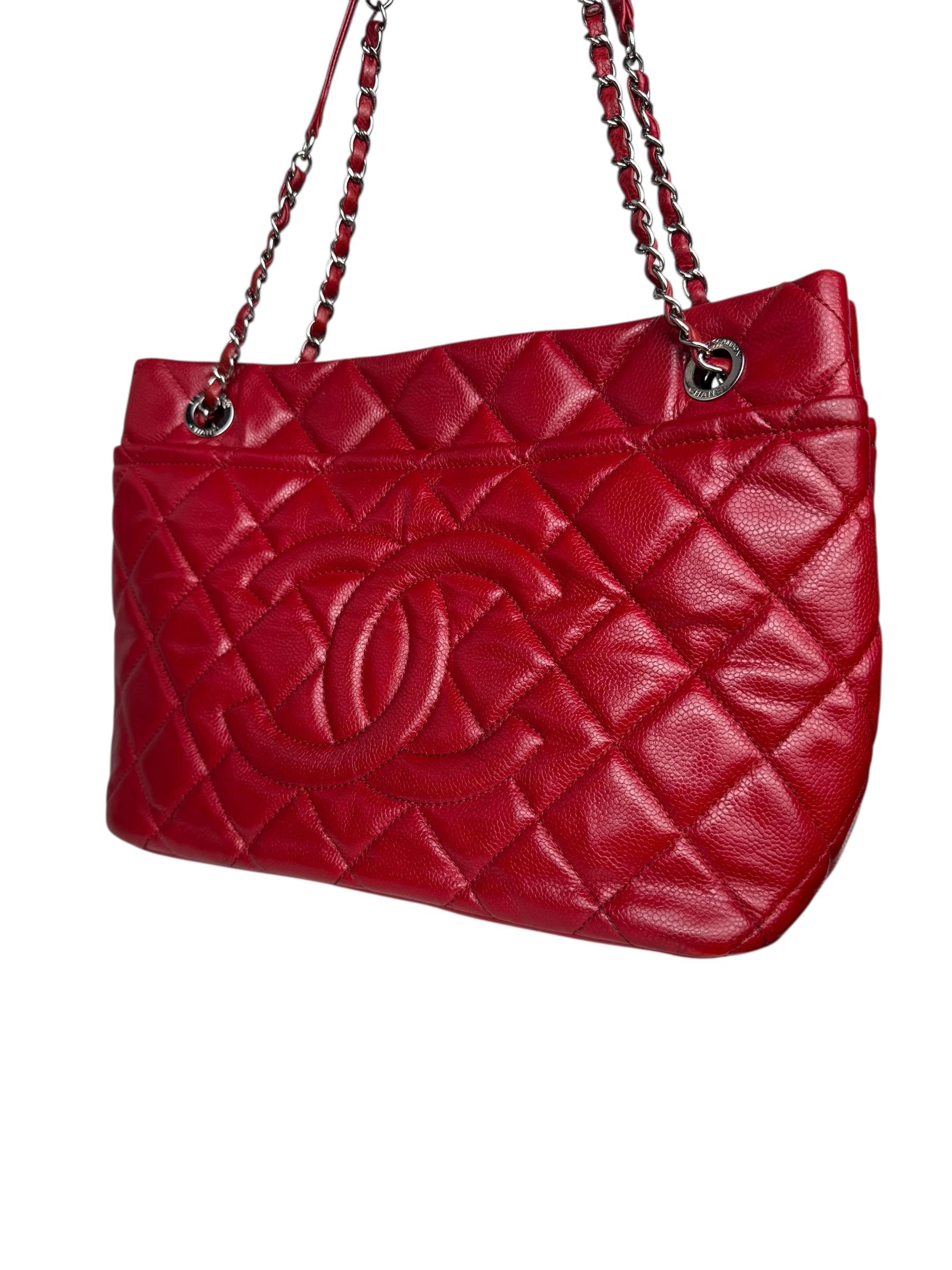 CHANEL RED MATELASSE CAVIAR LEATHER TOTE BAG