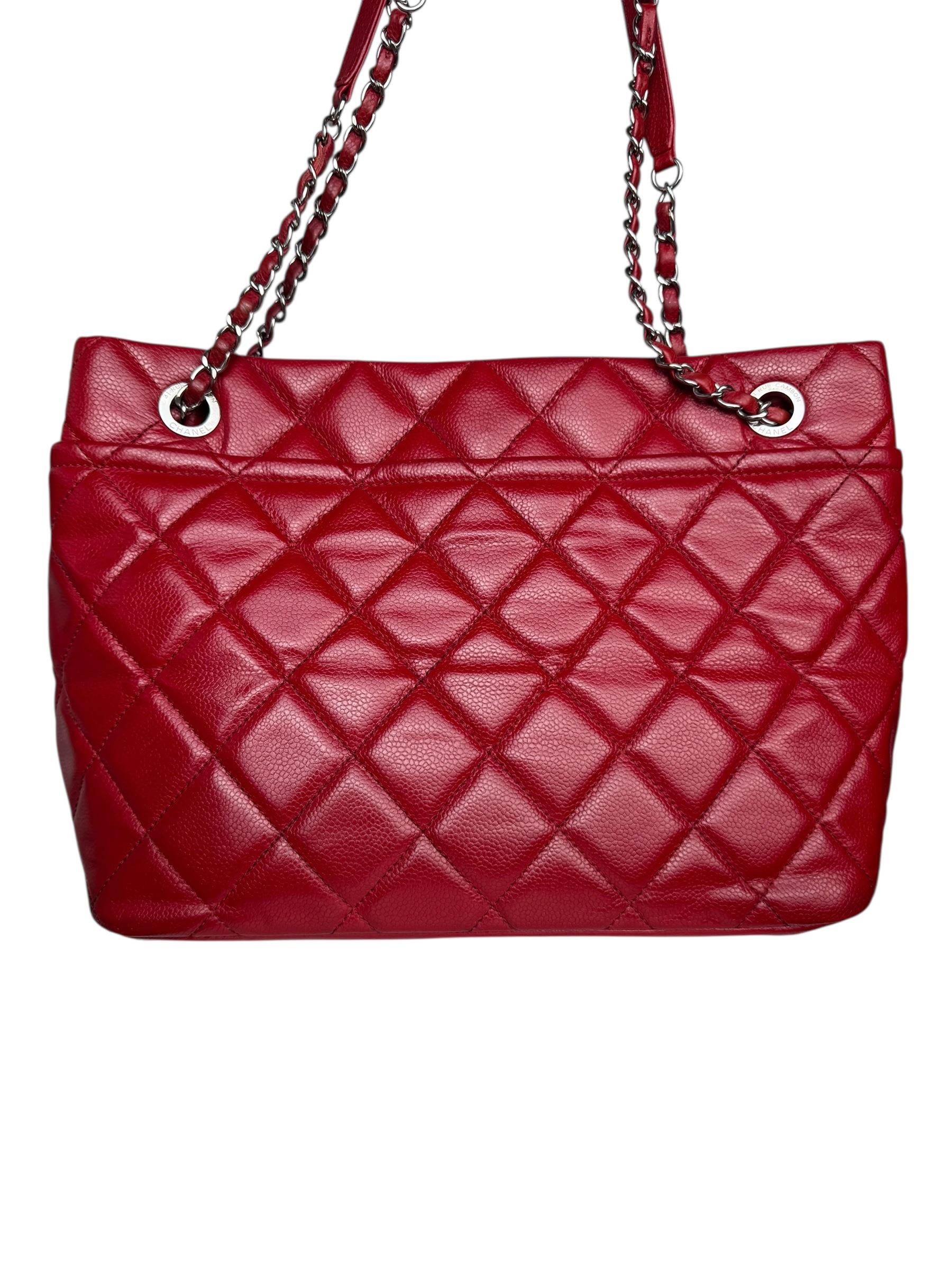 CHANEL RED MATELASSE CAVIAR LEATHER TOTE BAG