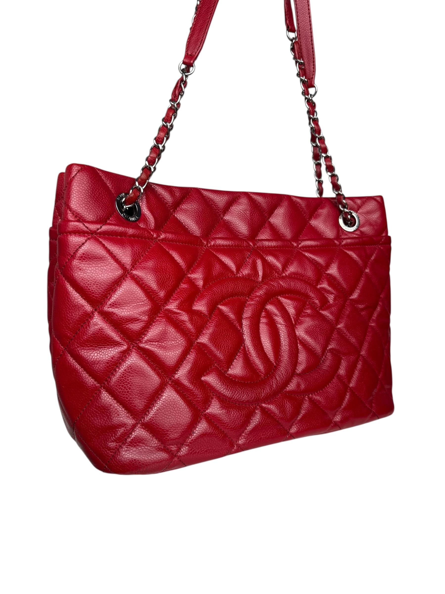 CHANEL RED MATELASSE CAVIAR LEATHER TOTE BAG