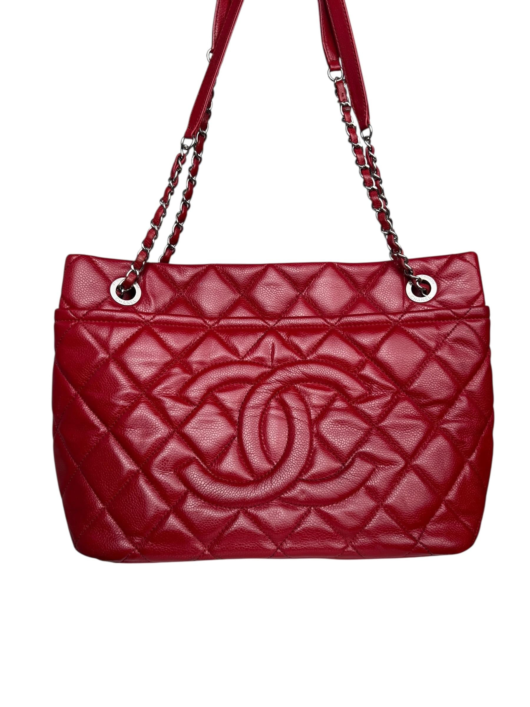 CHANEL RED MATELASSE CAVIAR LEATHER TOTE BAG