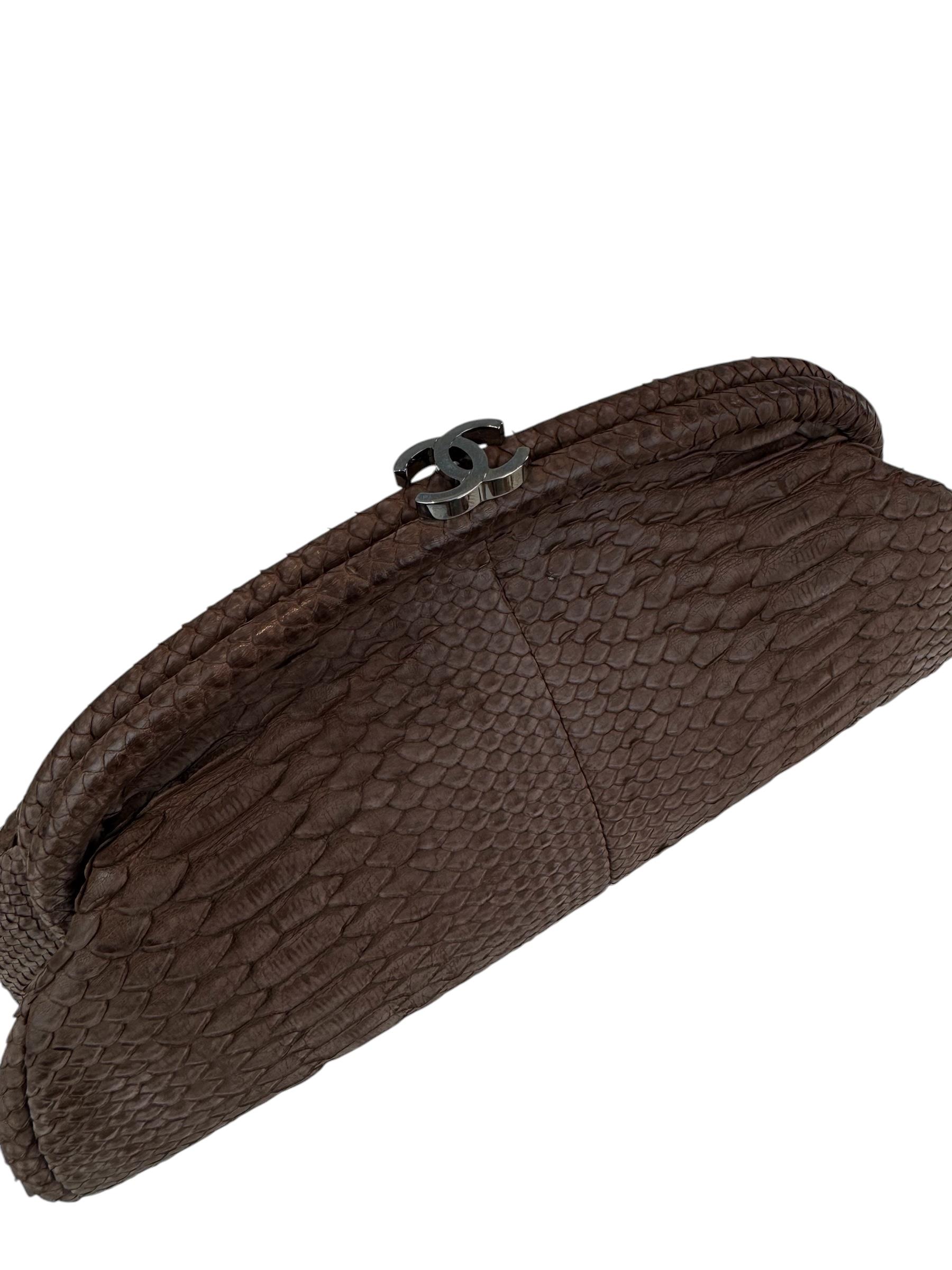 CHANEL SILVER CC PYTHON LEATHER CLUTCH