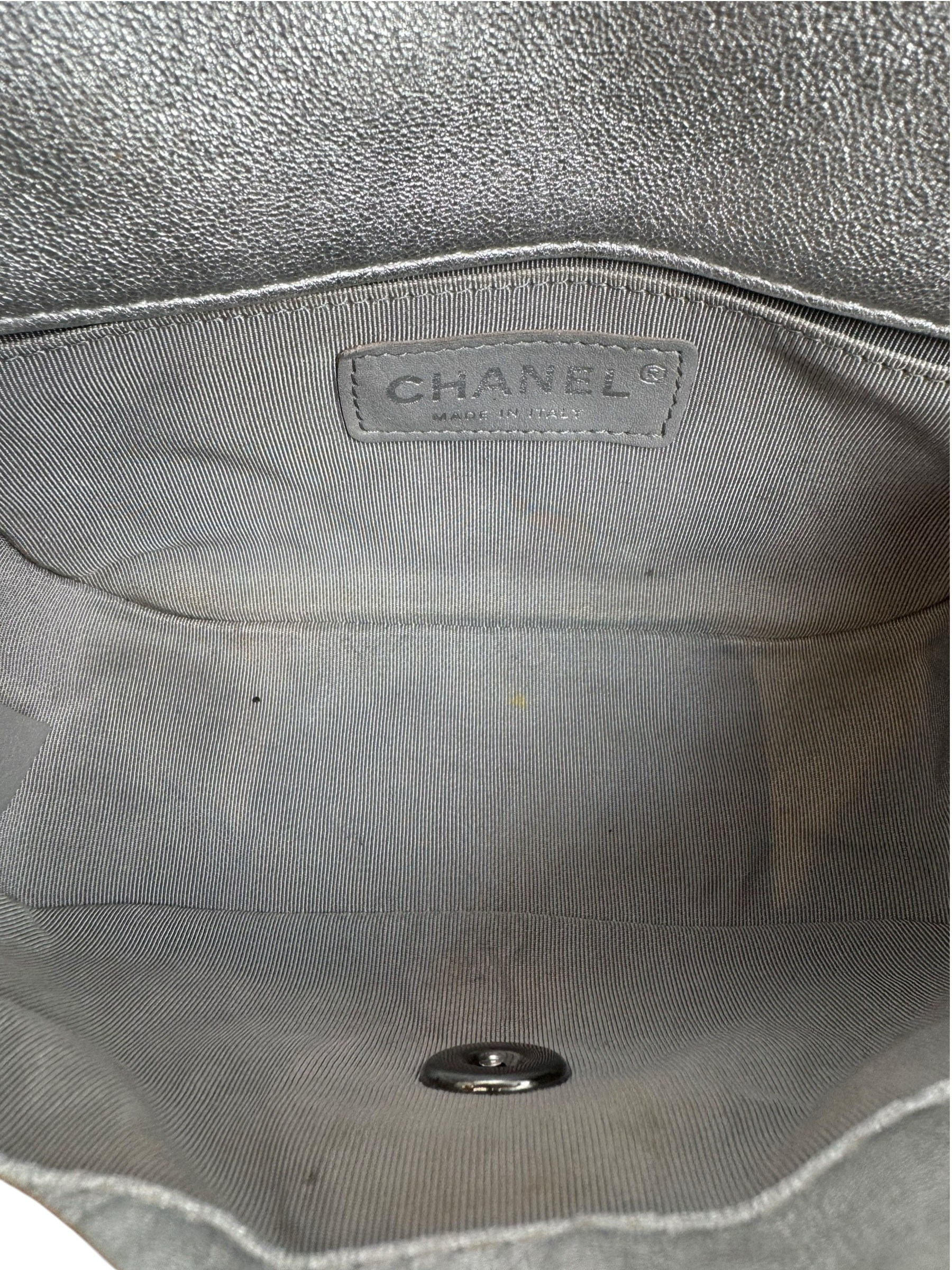 CHANEL SILVER QUILTED SINGLE FLAP BAG