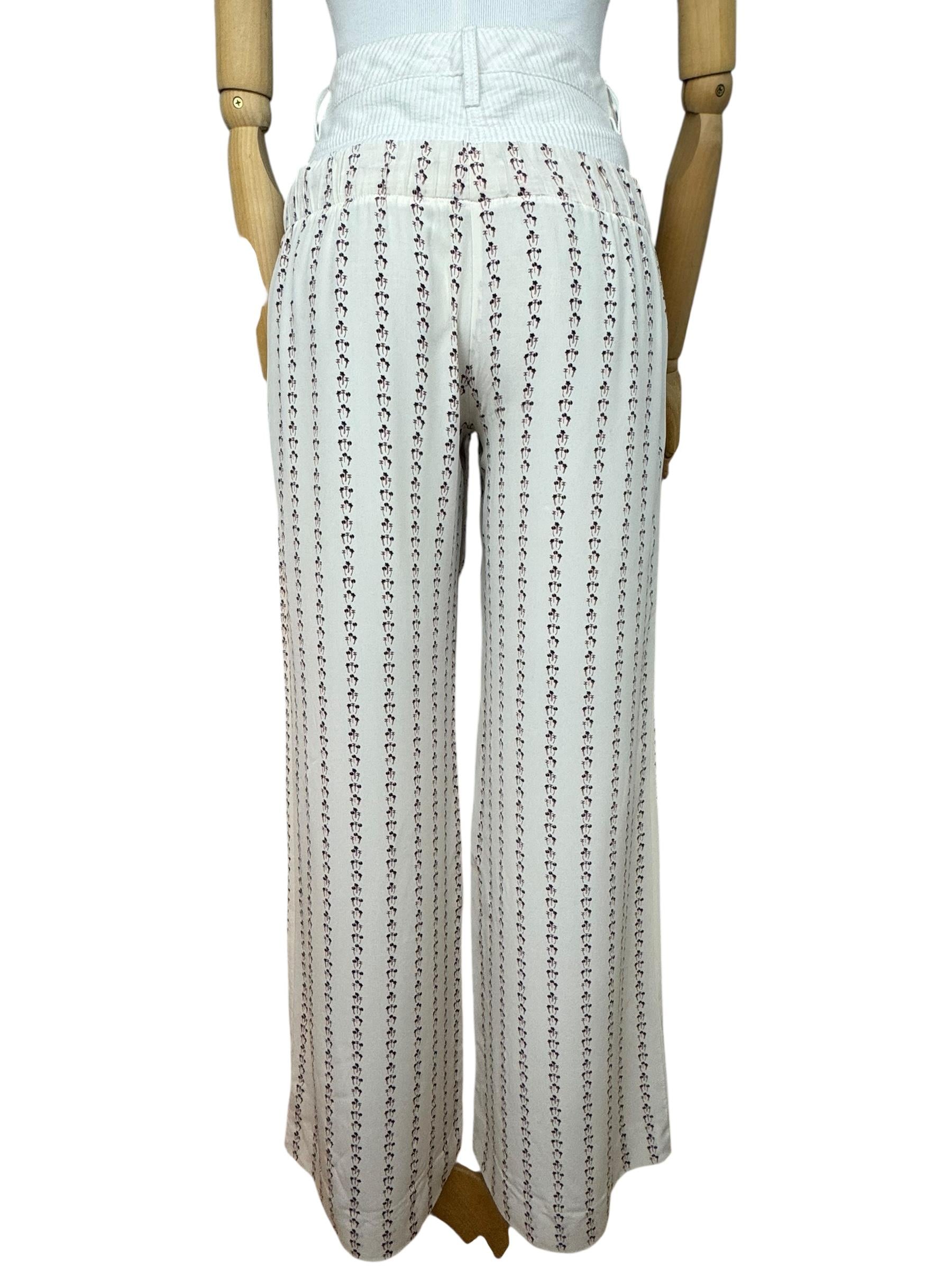CHANEL WHITE PRINTED SILK DENIM WAISTBAND PANTS