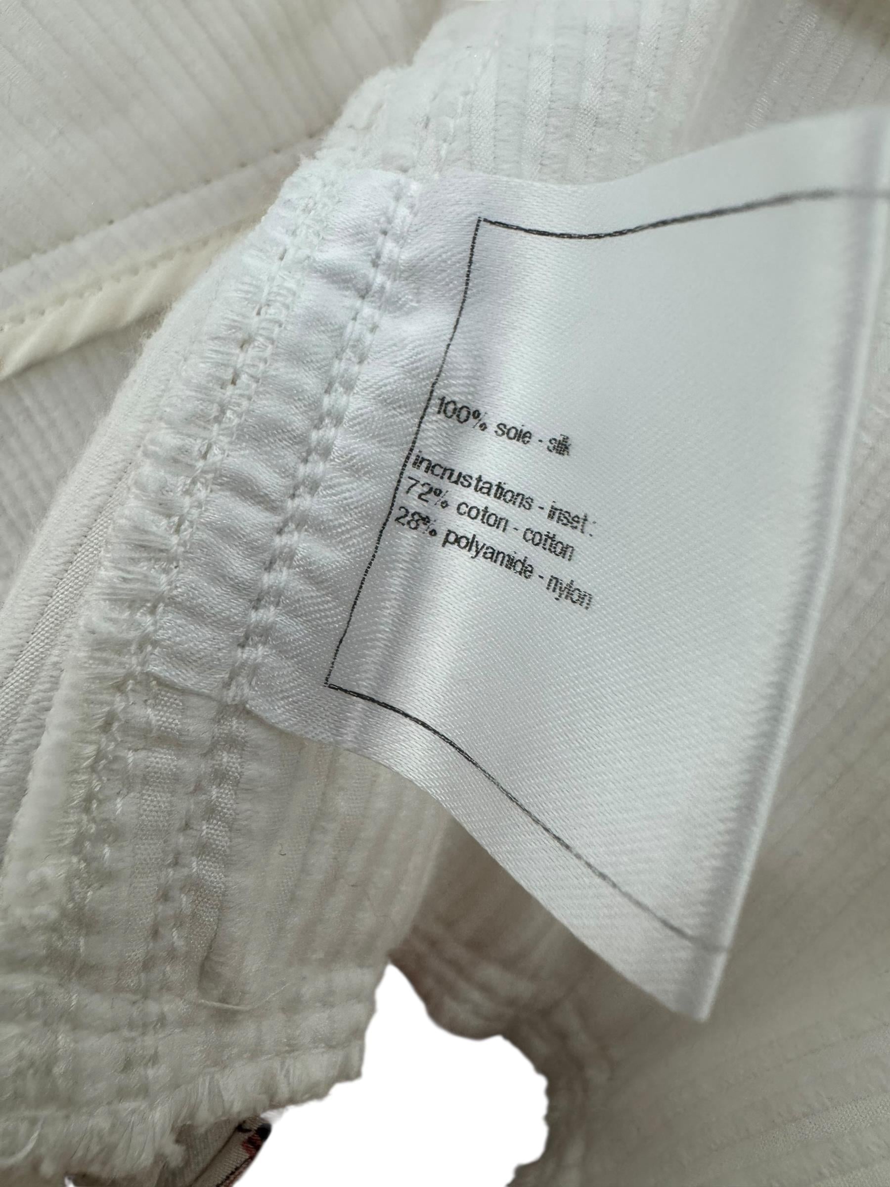 CHANEL WHITE PRINTED SILK DENIM WAISTBAND PANTS