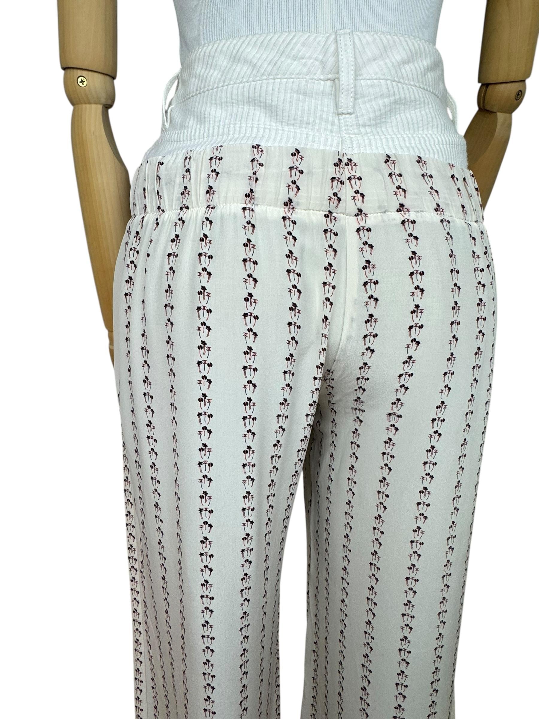 CHANEL WHITE PRINTED SILK DENIM WAISTBAND PANTS