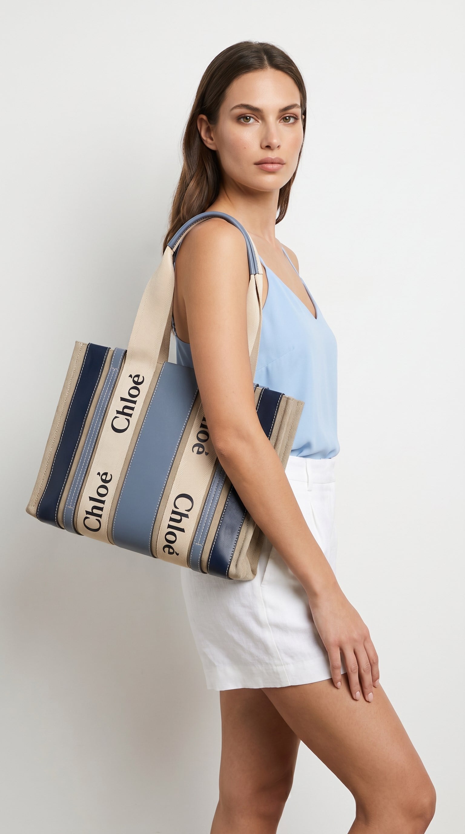 CHLOE BLUE STRIPED CANVAS TOTE BAG