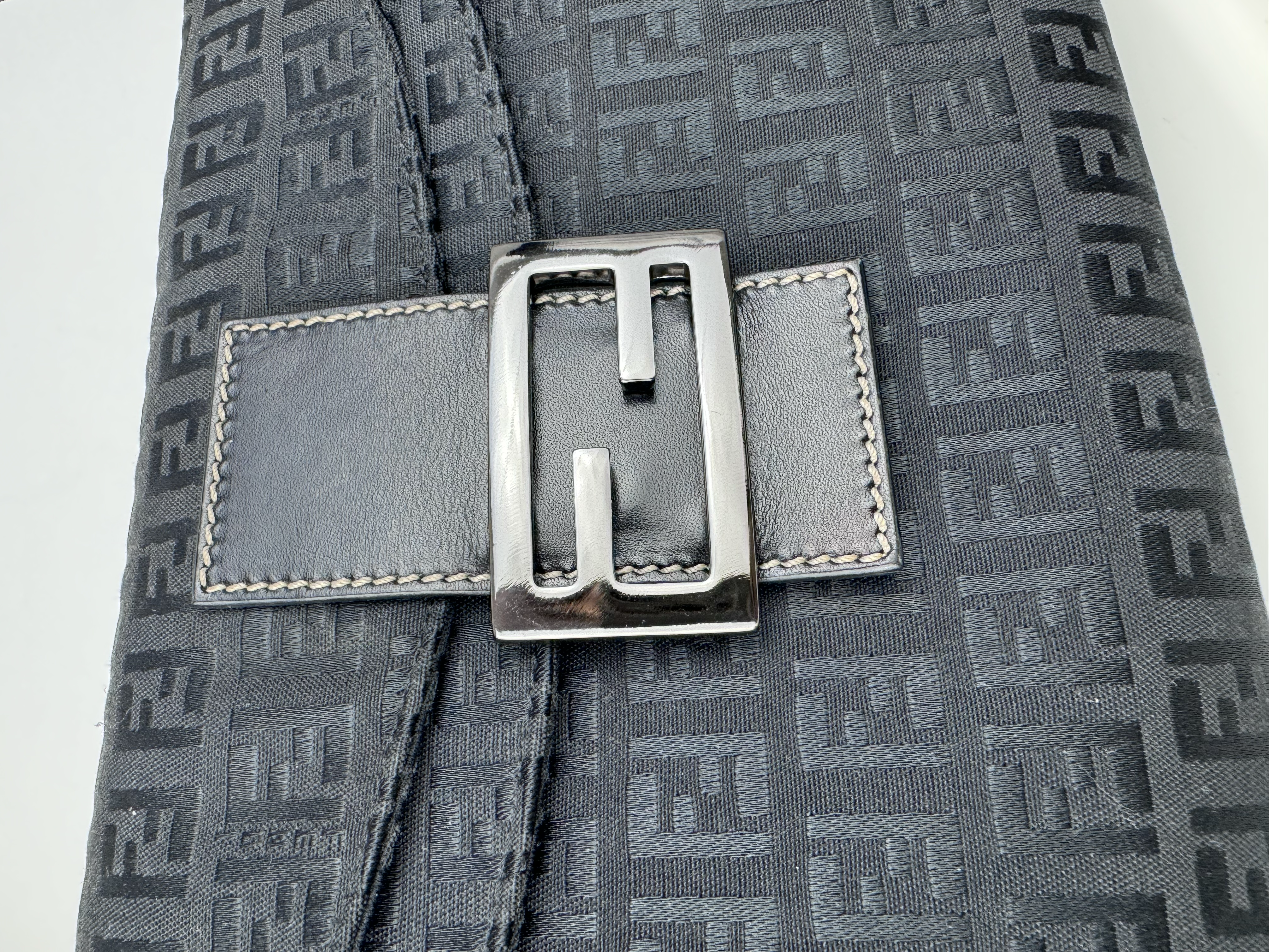FENDI BLACK ZUCCHINO DOUBLE FLAP BAGUETTE