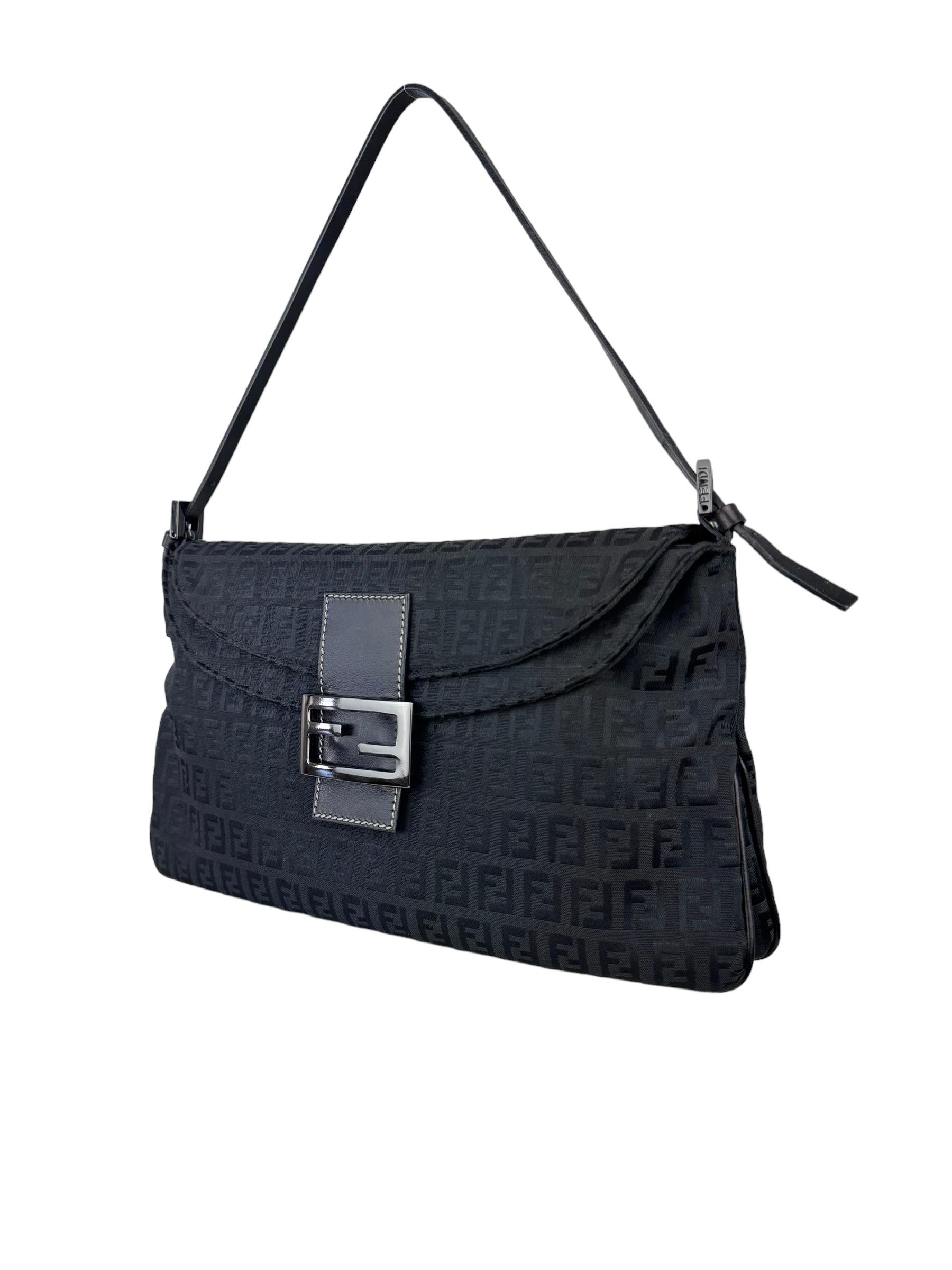 FENDI BLACK ZUCCHINO DOUBLE FLAP BAGUETTE