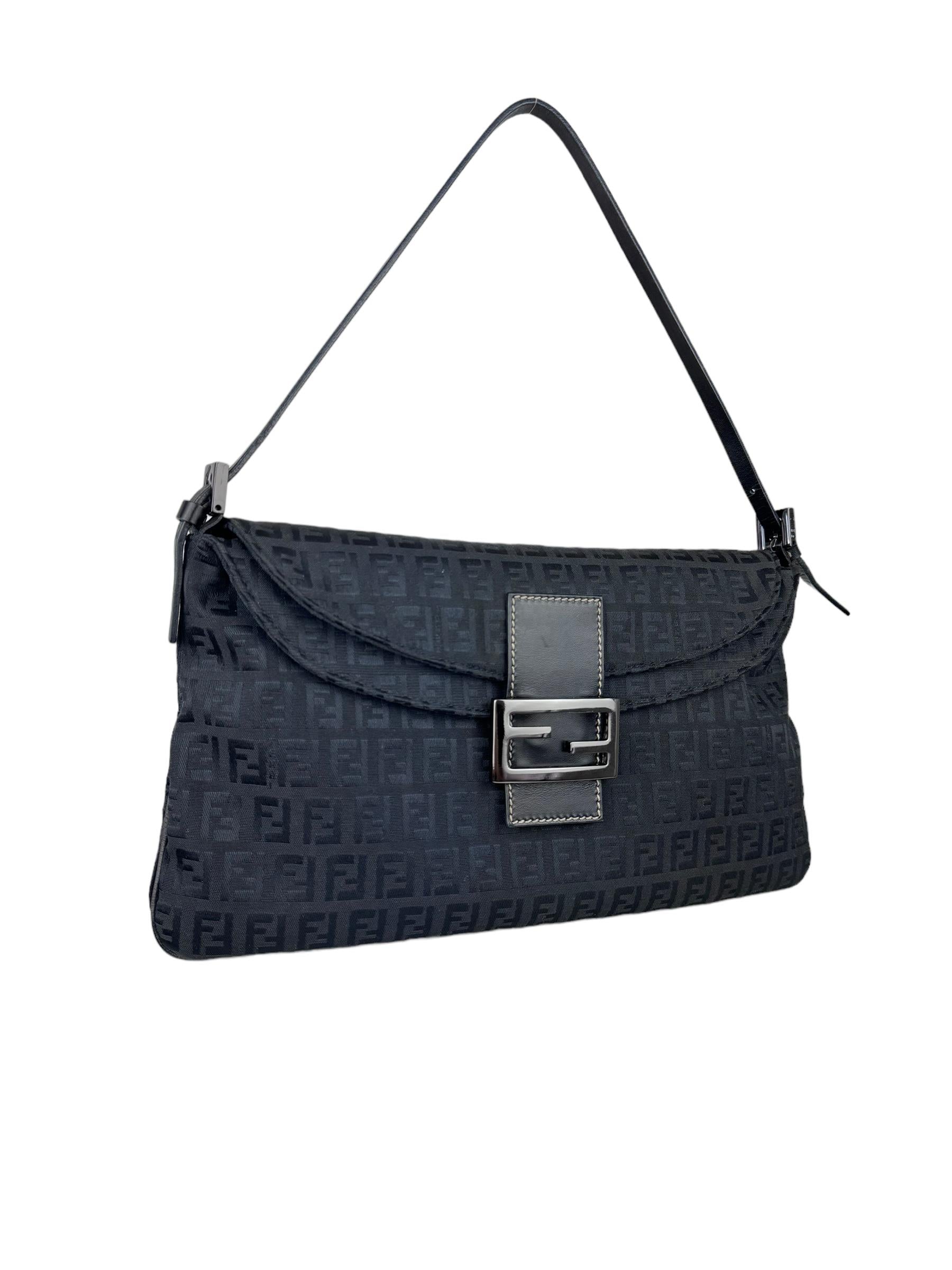 FENDI BLACK ZUCCHINO DOUBLE FLAP BAGUETTE