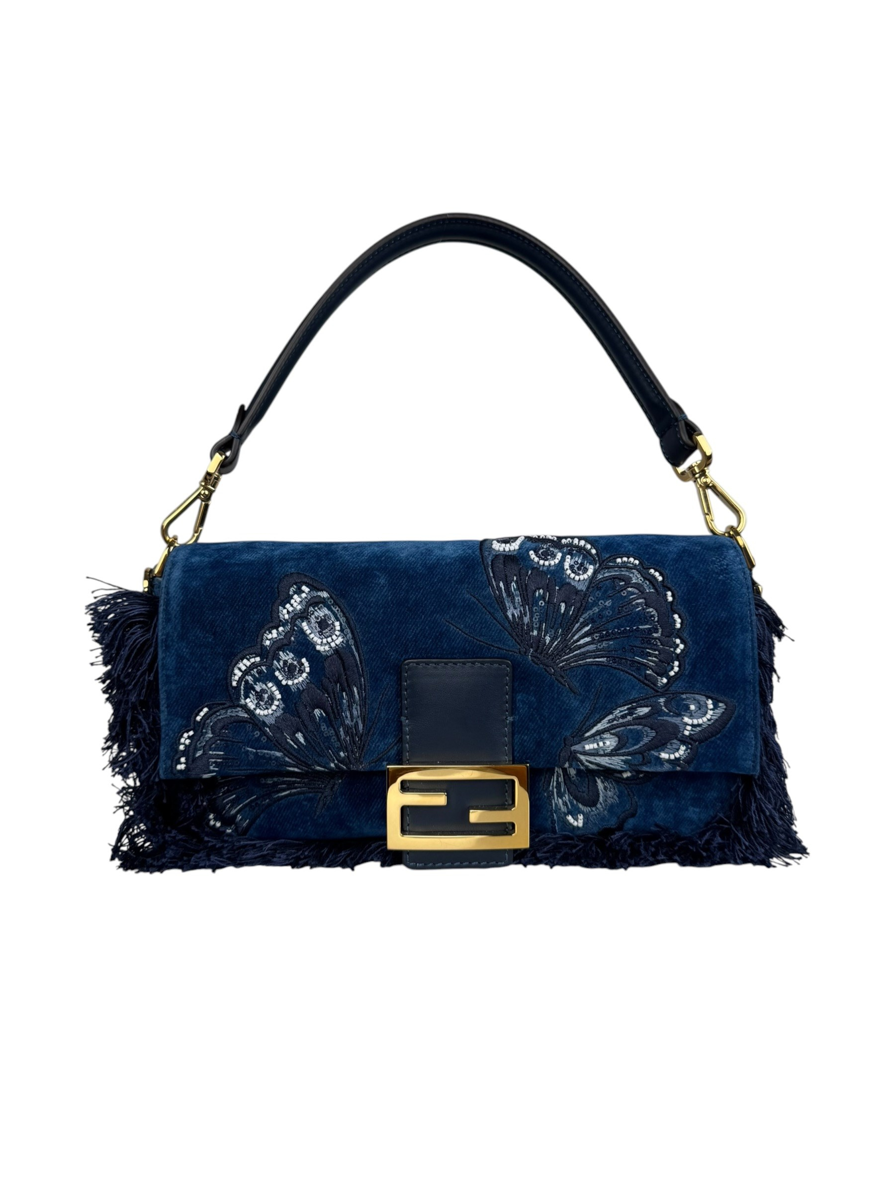 FENDI BLUE EMBRIDERED DENIM BAGUETTE