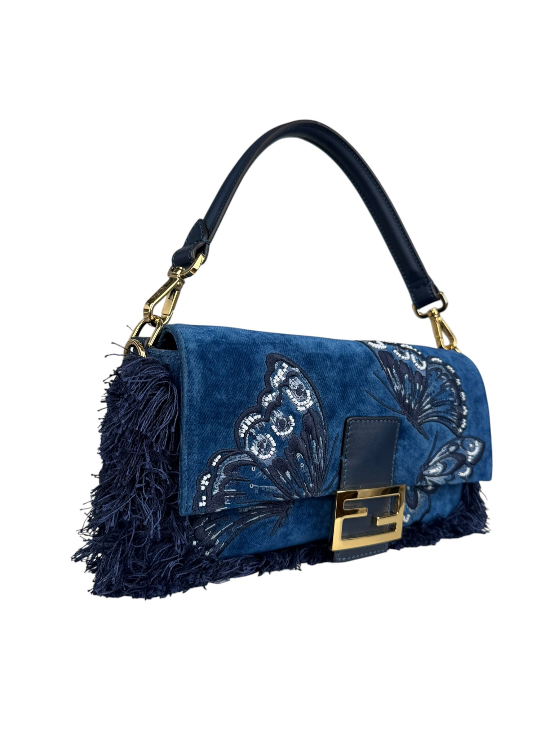 FENDI BLUE EMBRIDERED DENIM BAGUETTE