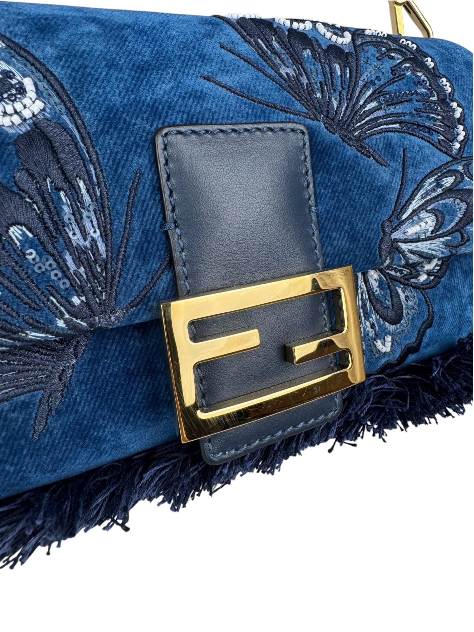 FENDI BLUE EMBRIDERED DENIM BAGUETTE