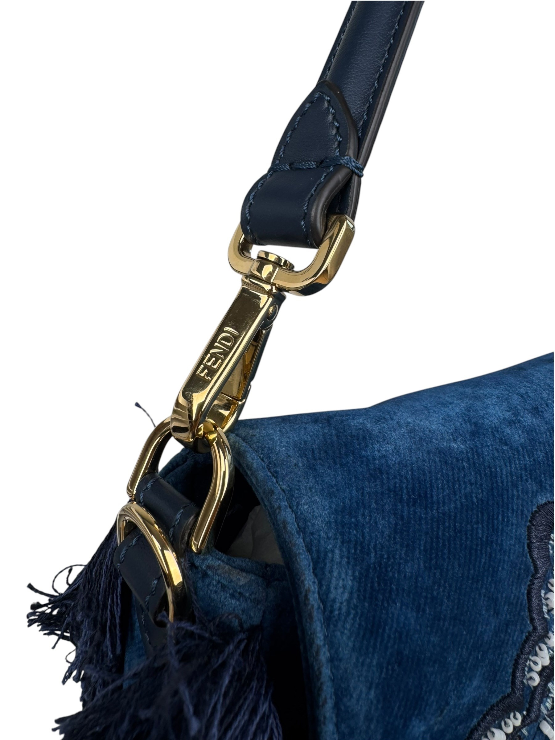 FENDI BLUE EMBRIDERED DENIM BAGUETTE