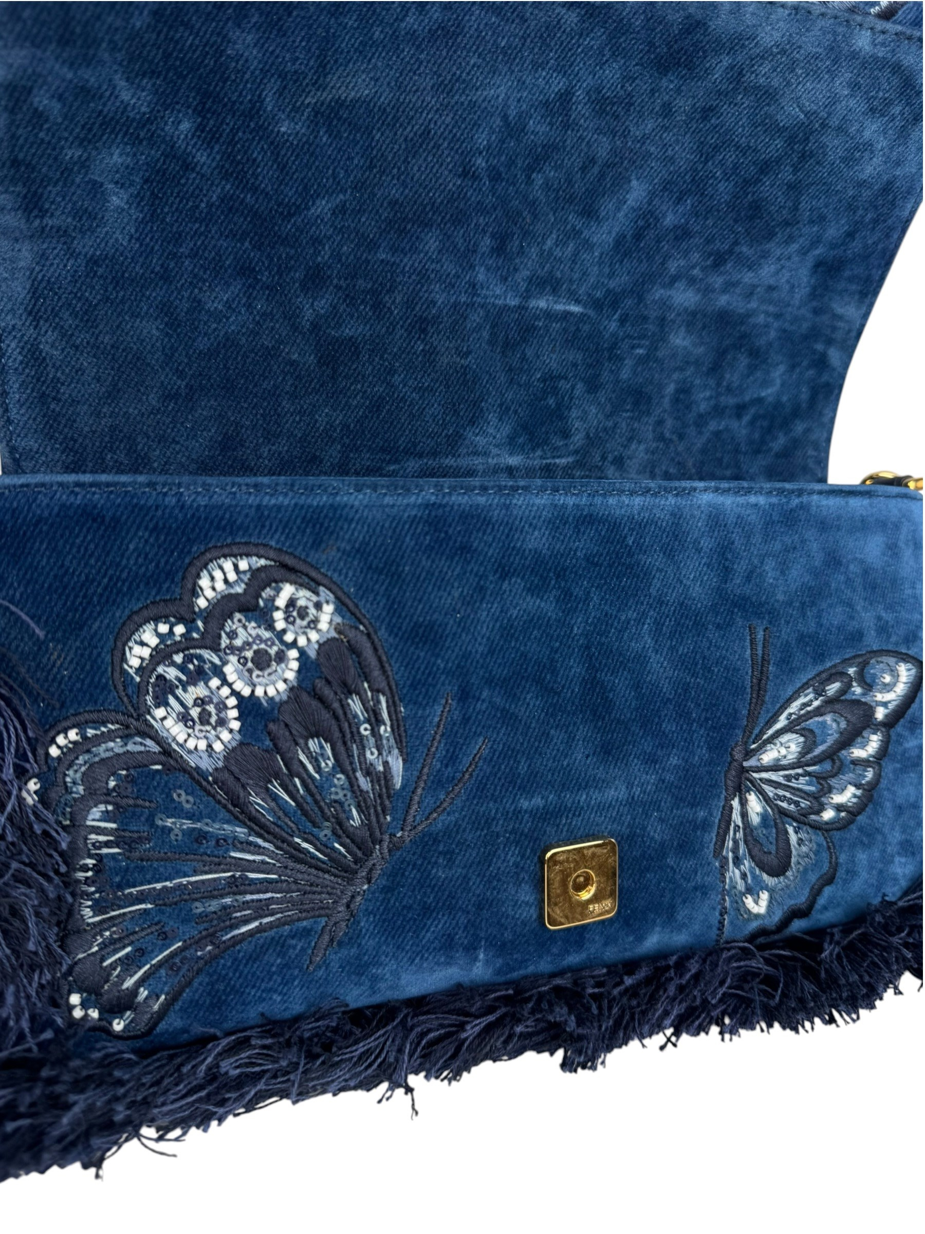 FENDI BLUE EMBRIDERED DENIM BAGUETTE