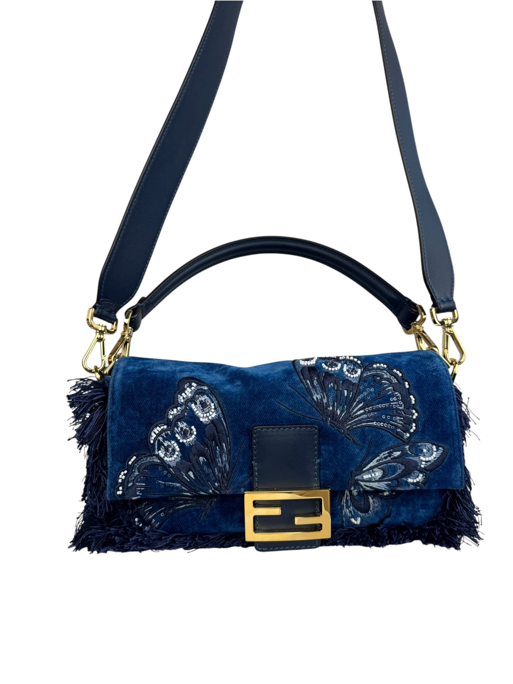 FENDI BLUE EMBRIDERED DENIM BAGUETTE