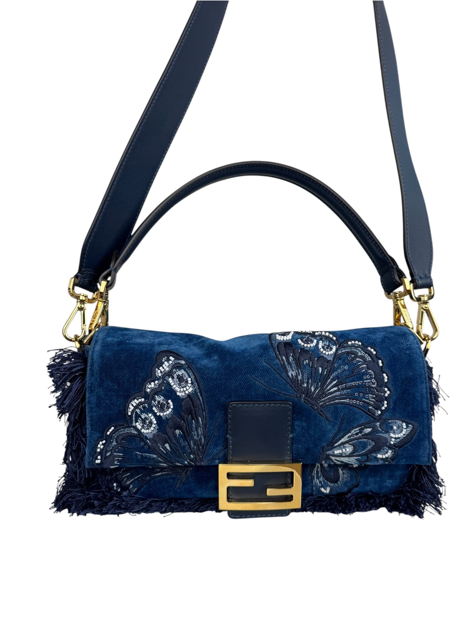 FENDI BLUE EMBRIDERED DENIM BAGUETTE
