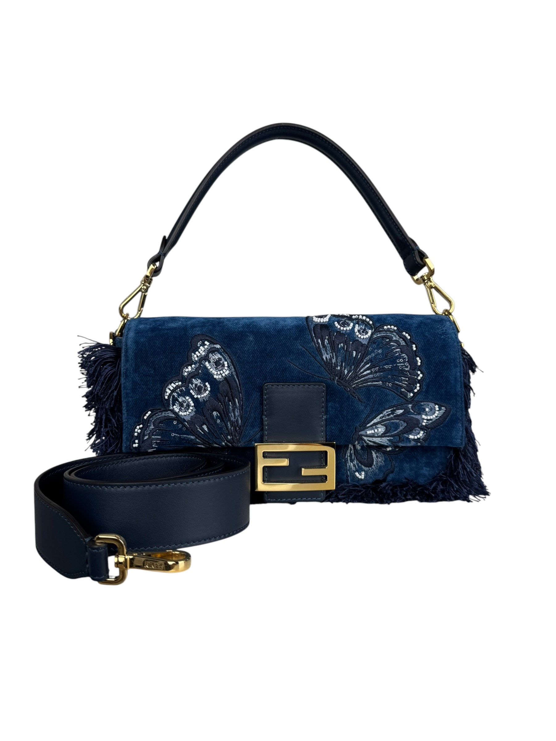 FENDI BLUE EMBRIDERED DENIM BAGUETTE