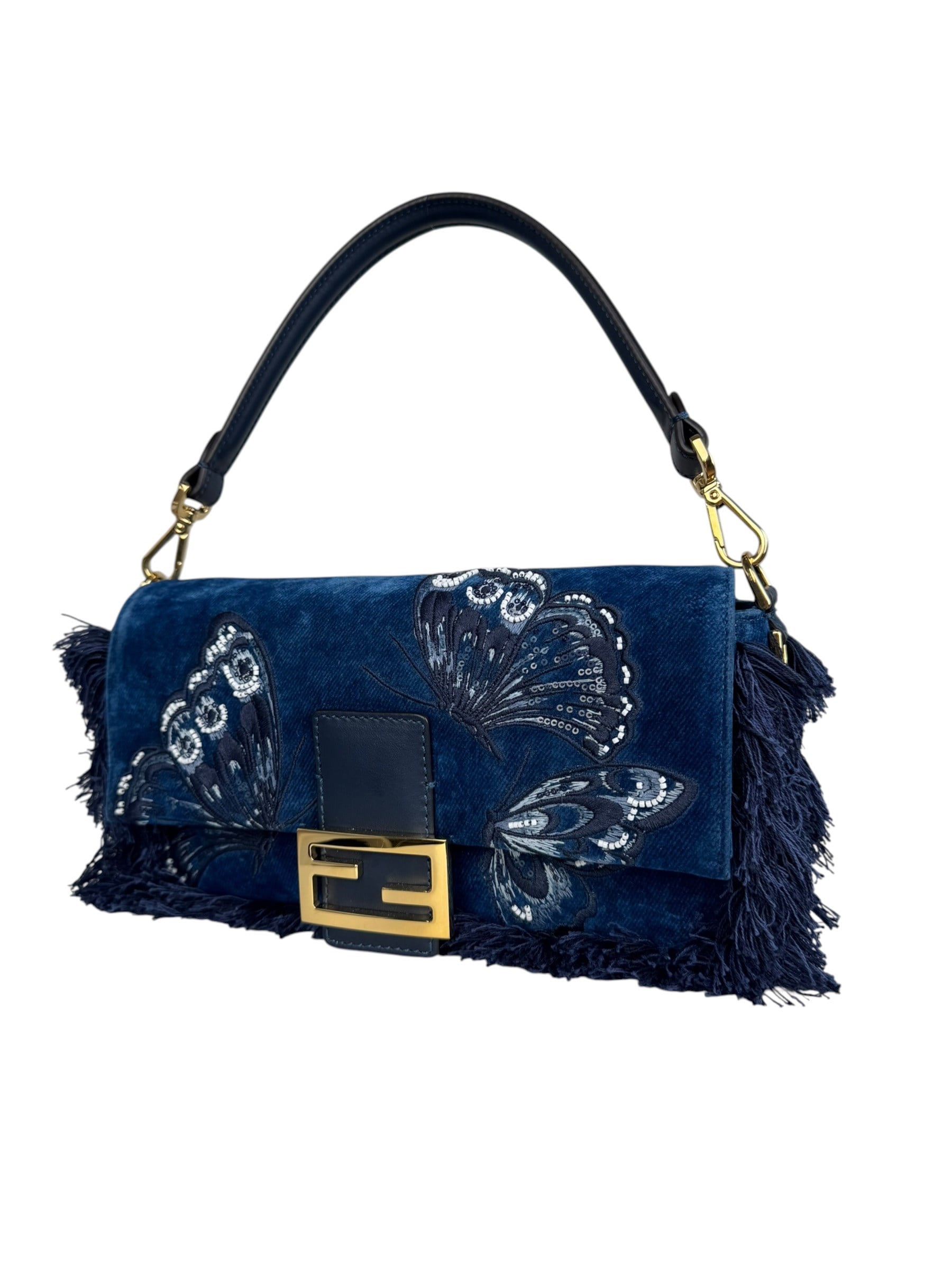 FENDI BLUE EMBRIDERED DENIM BAGUETTE