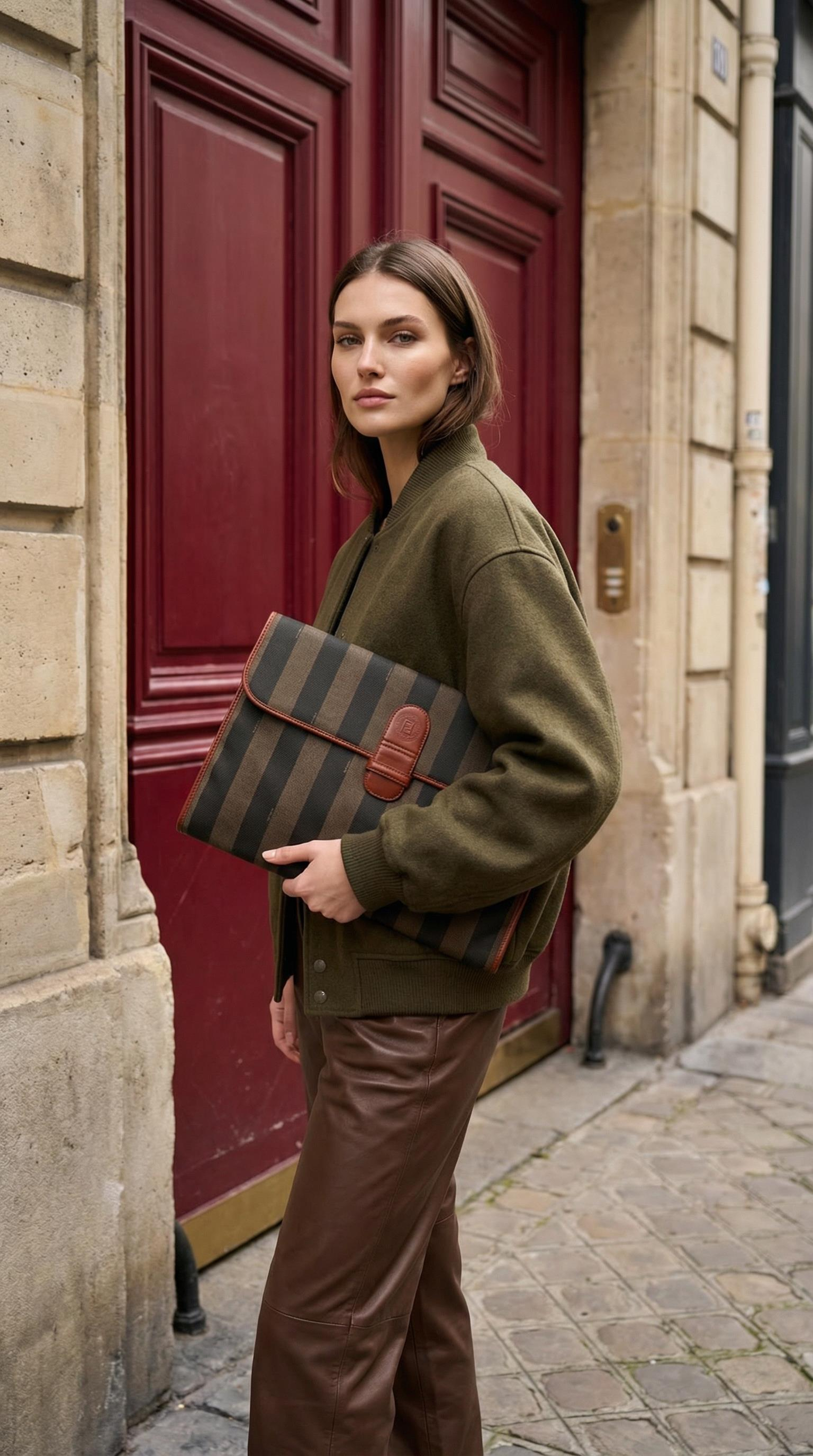 FENDI STRIPPED CANVAS CLUTCH BAG