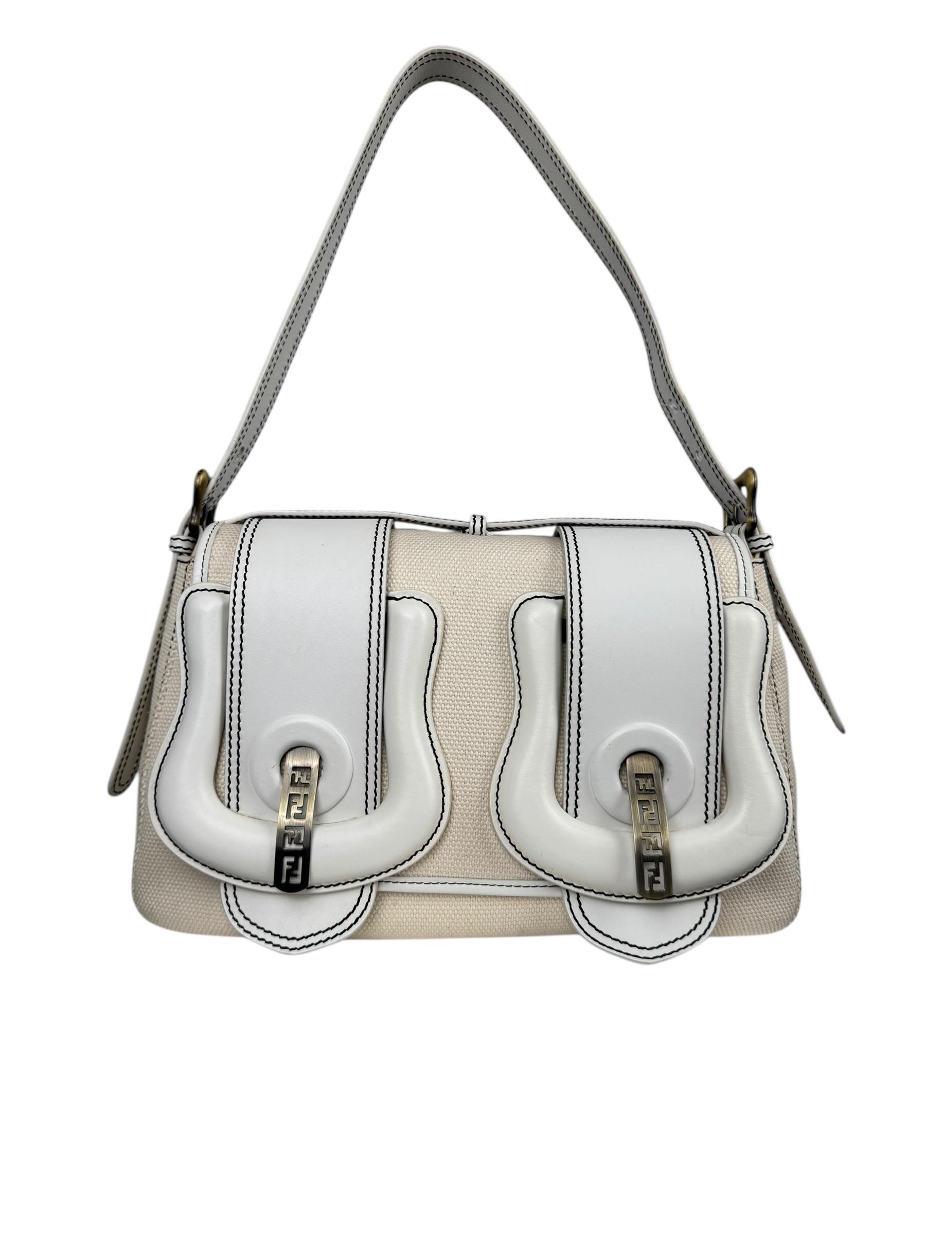 FENDI WHITE CANVAS TRIM B SHOULDER BAG