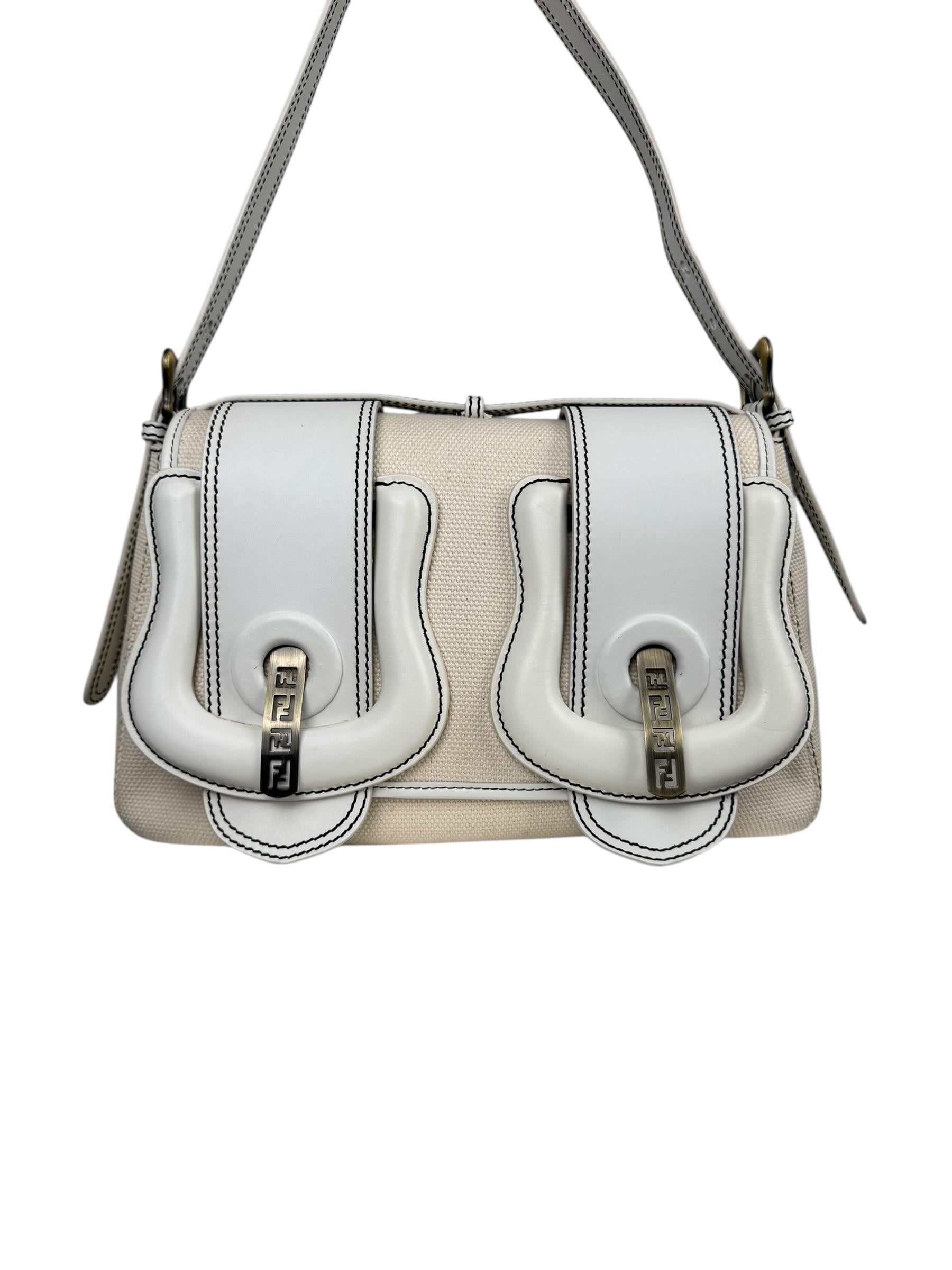 FENDI WHITE CANVAS TRIM B SHOULDER BAG
