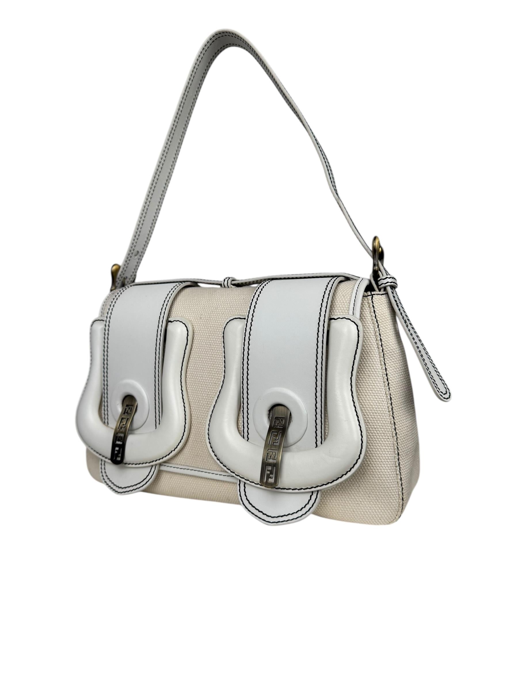 FENDI WHITE CANVAS TRIM B SHOULDER BAG