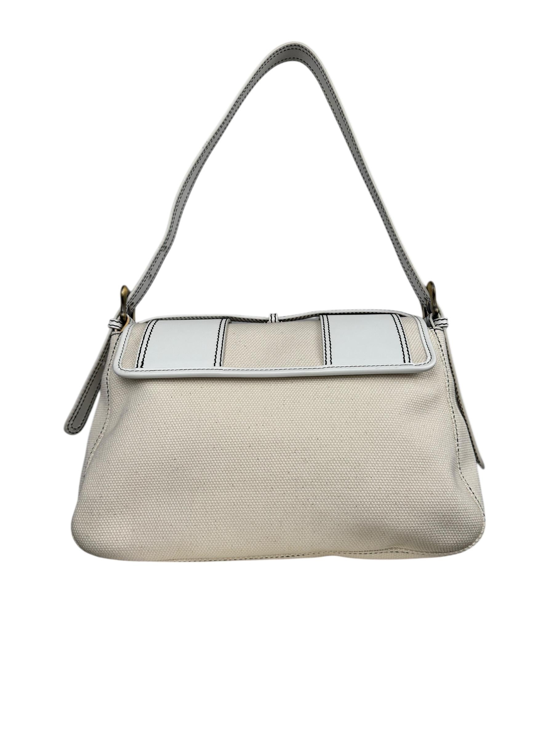 FENDI WHITE CANVAS TRIM B SHOULDER BAG