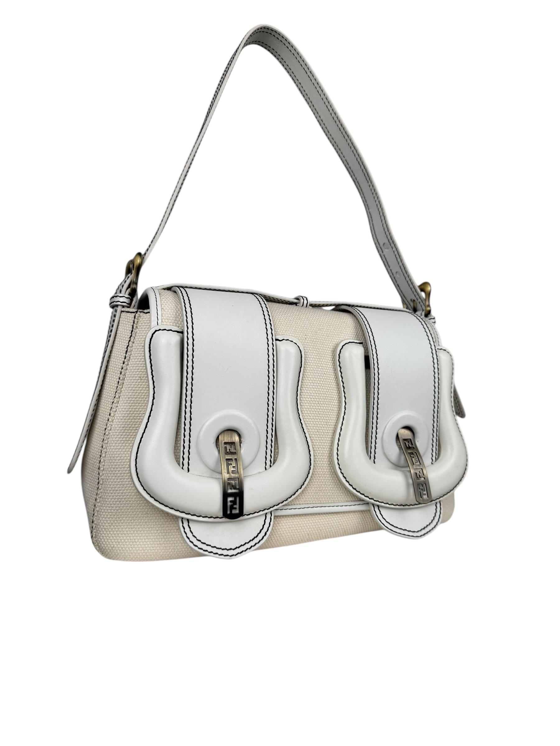 FENDI WHITE CANVAS TRIM B SHOULDER BAG