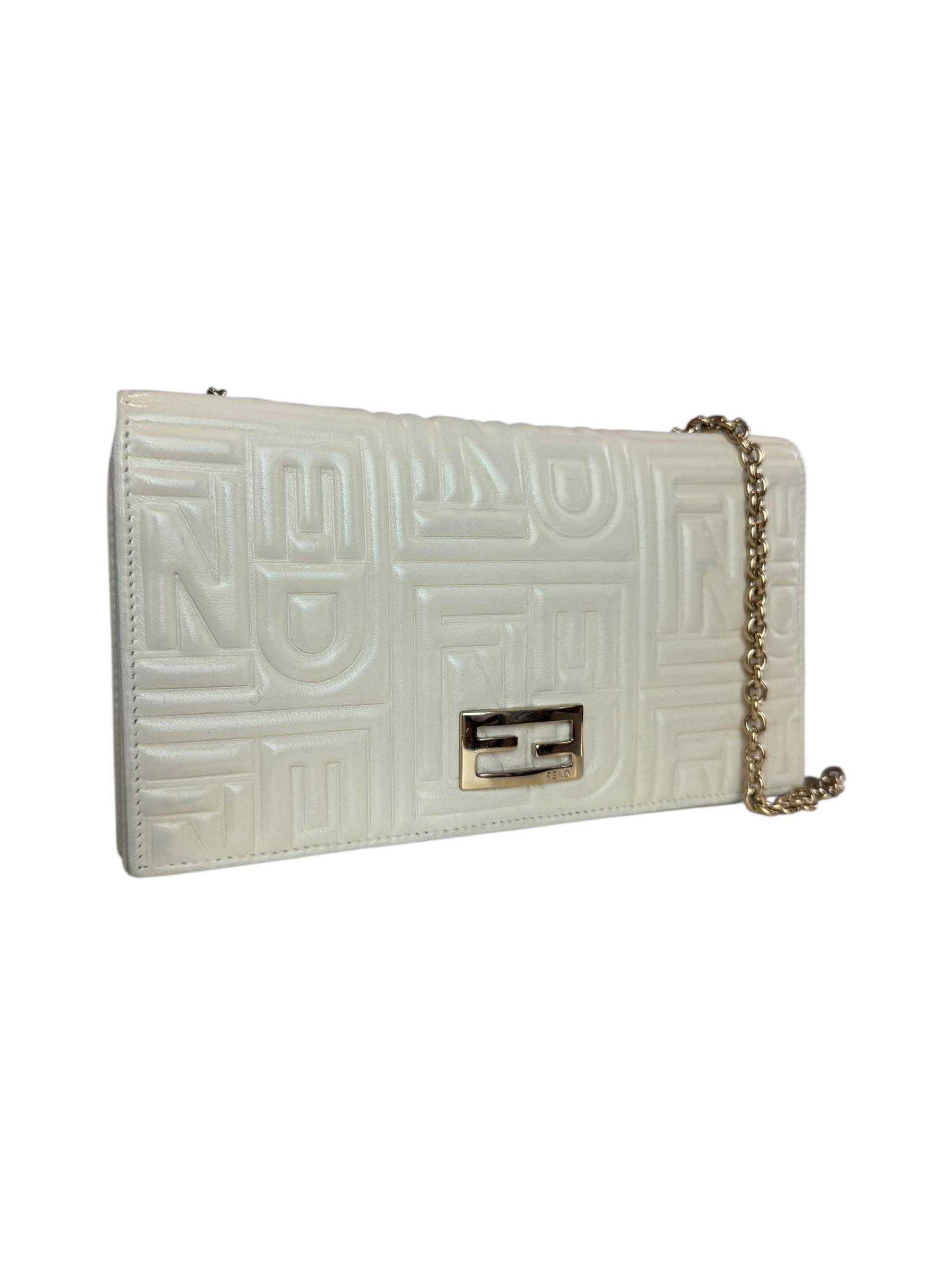 FENDI WHITE ZUCCA LEATHER CHAIN BAG