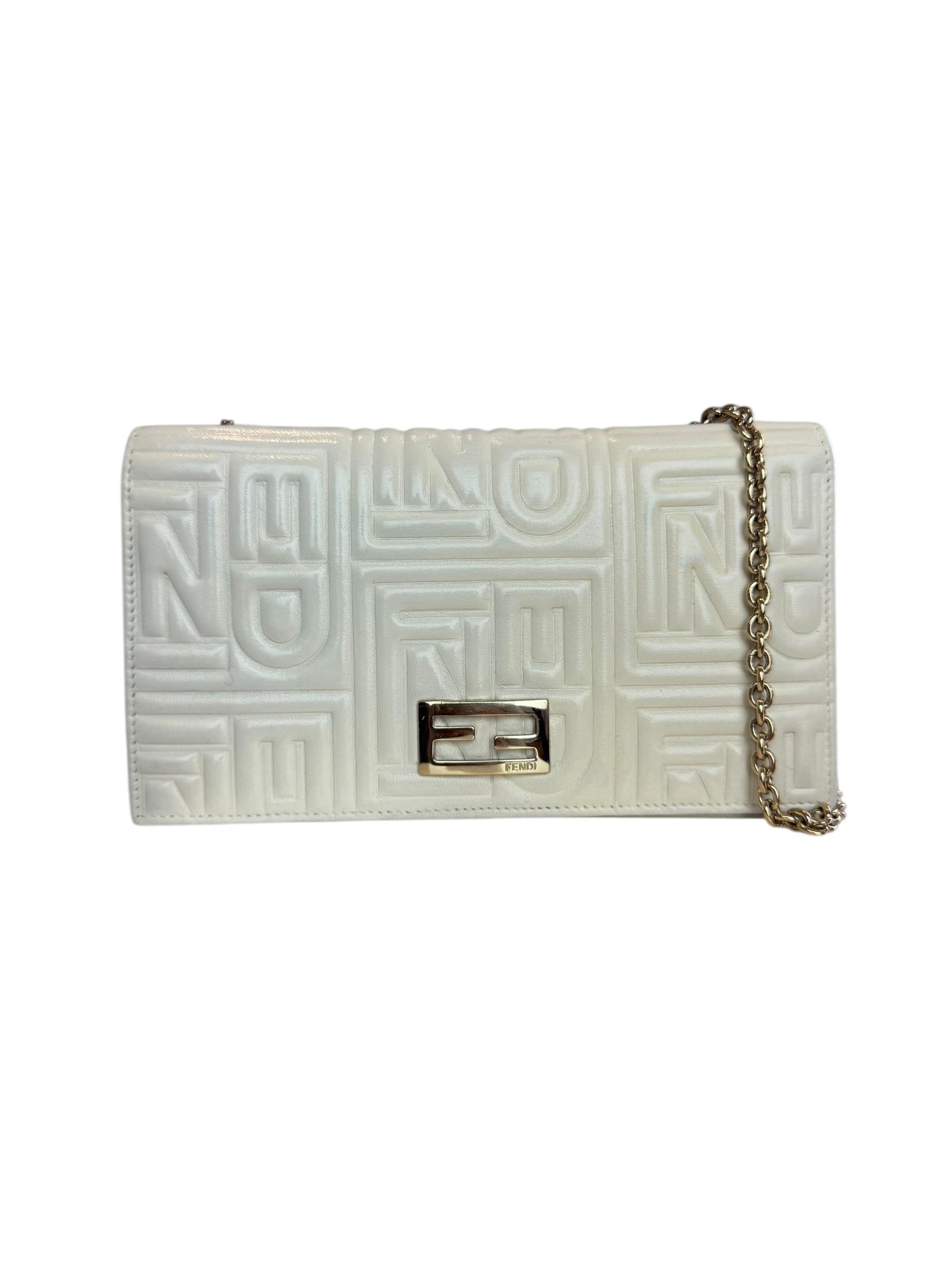 FENDI WHITE ZUCCA LEATHER CHAIN BAG