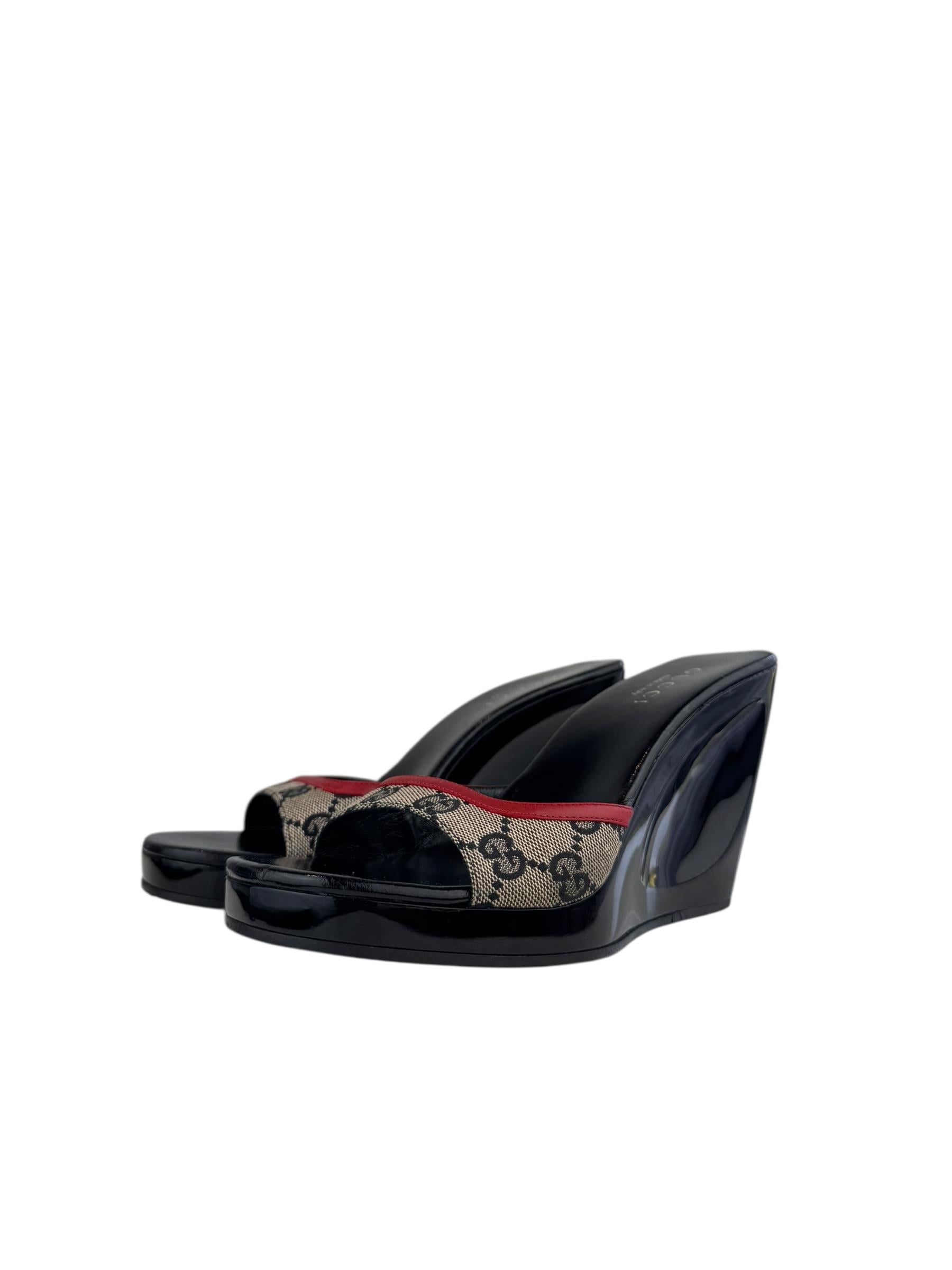 GUCCI 2001 RED GG CANVAS WEDGE MULES