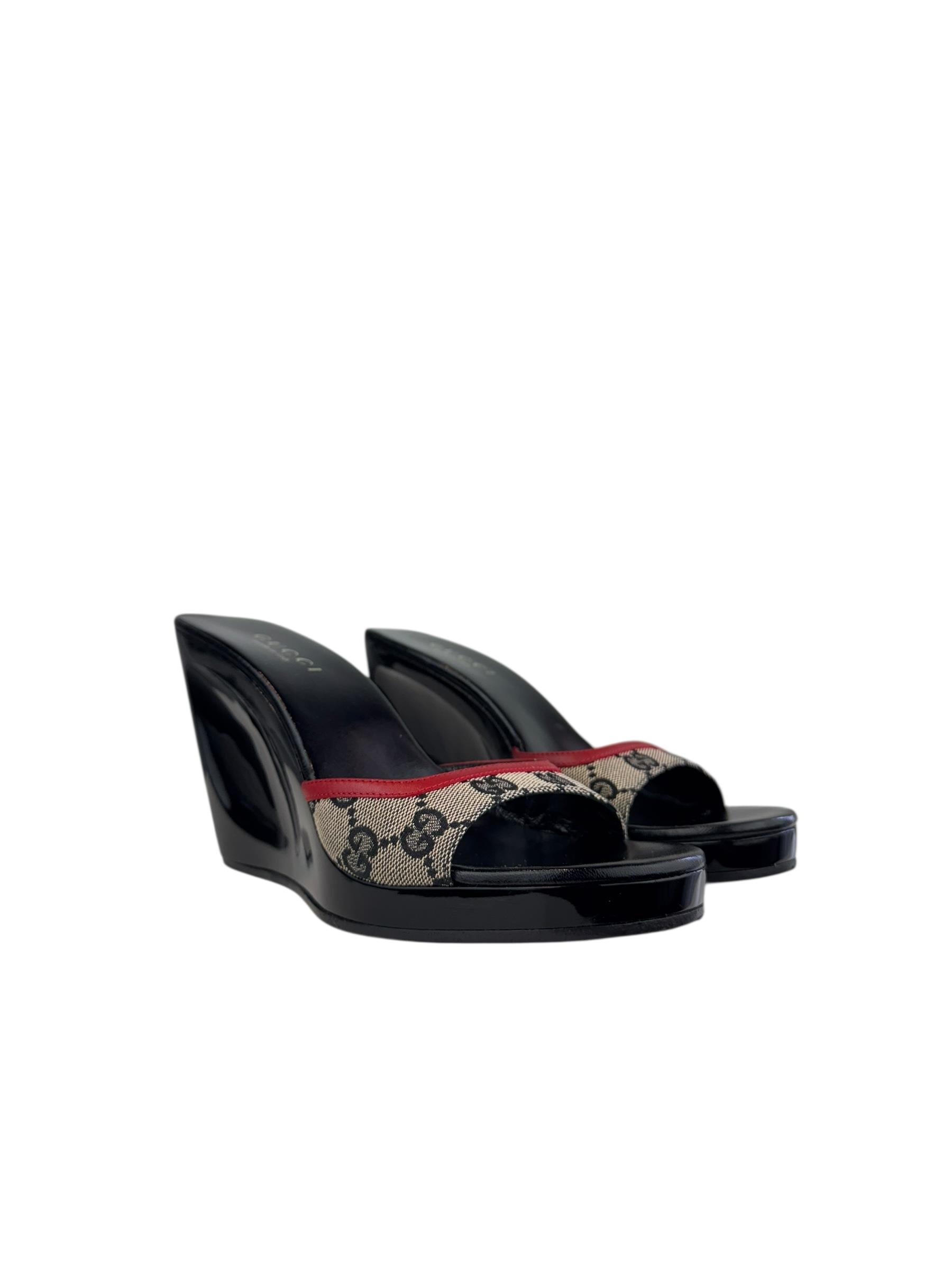GUCCI 2001 RED GG CANVAS WEDGE MULES