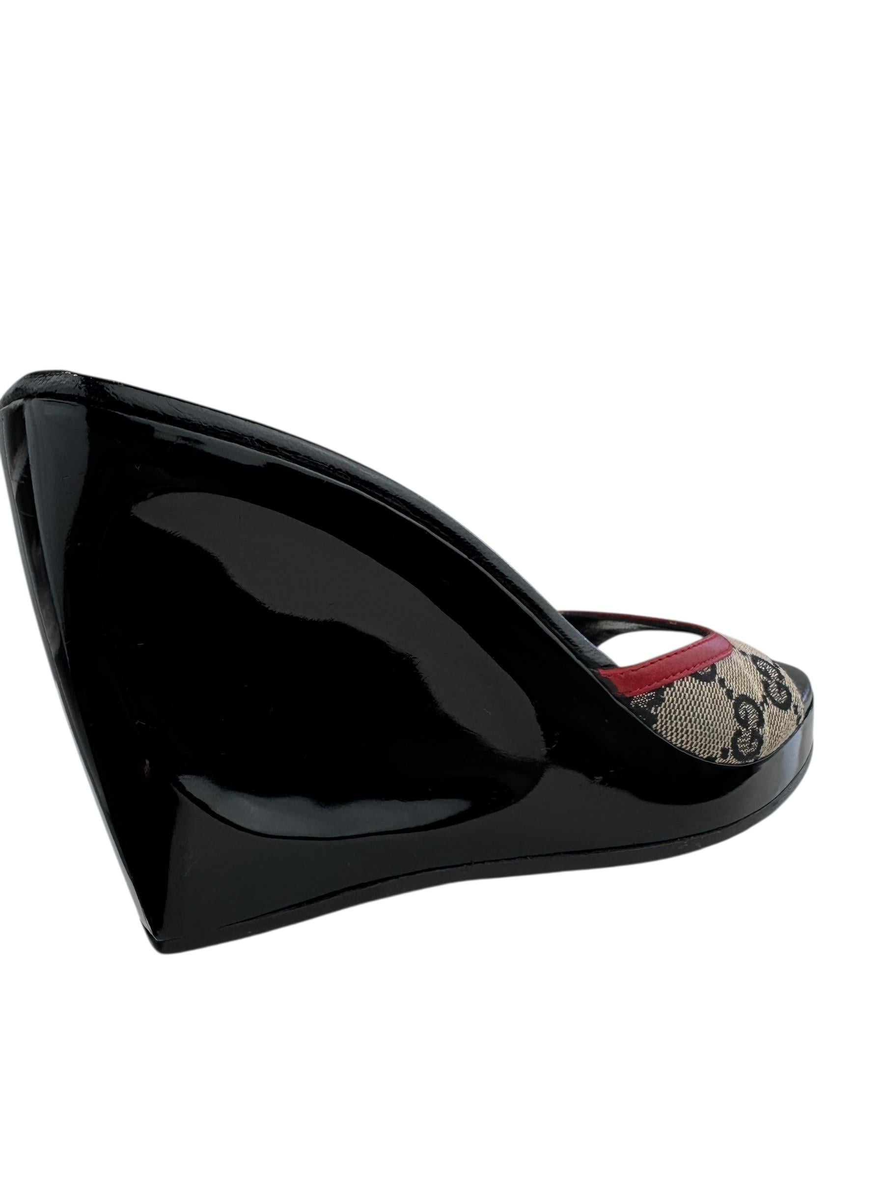 GUCCI 2001 RED GG CANVAS WEDGE MULES