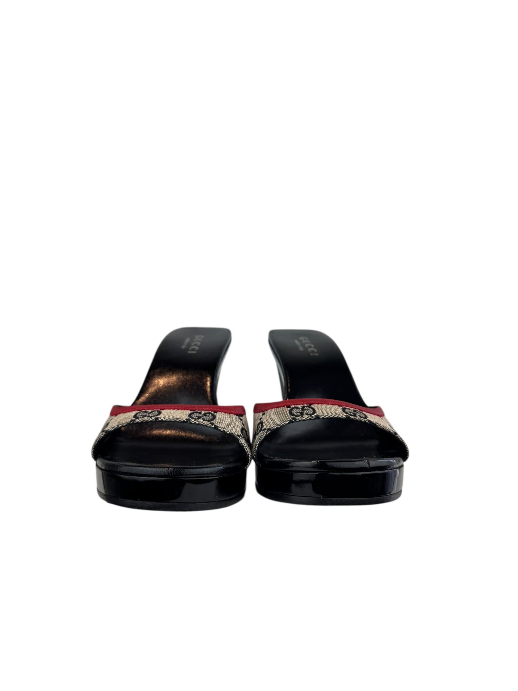 GUCCI 2001 RED GG CANVAS WEDGE MULES