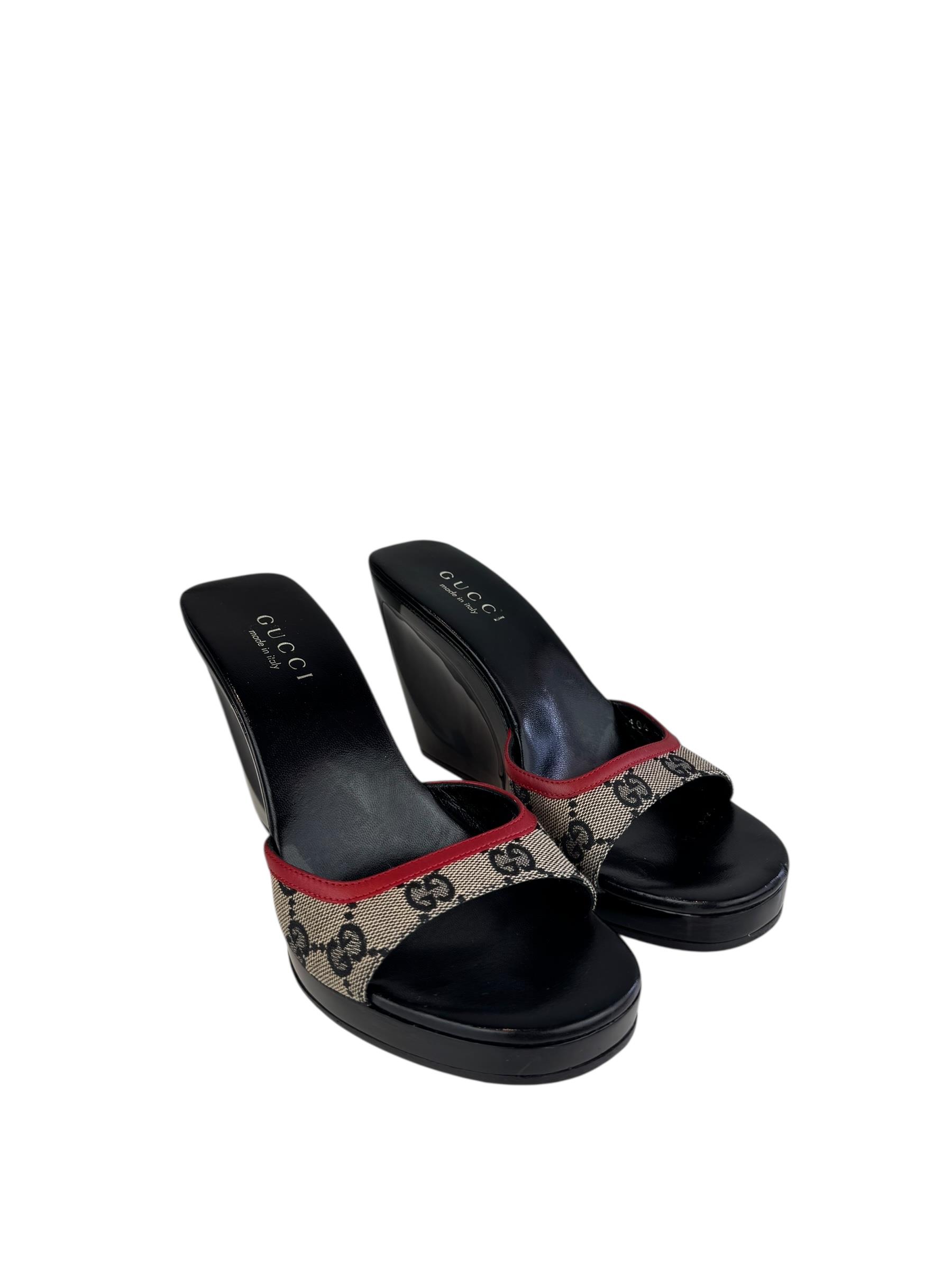 GUCCI 2001 RED GG CANVAS WEDGE MULES
