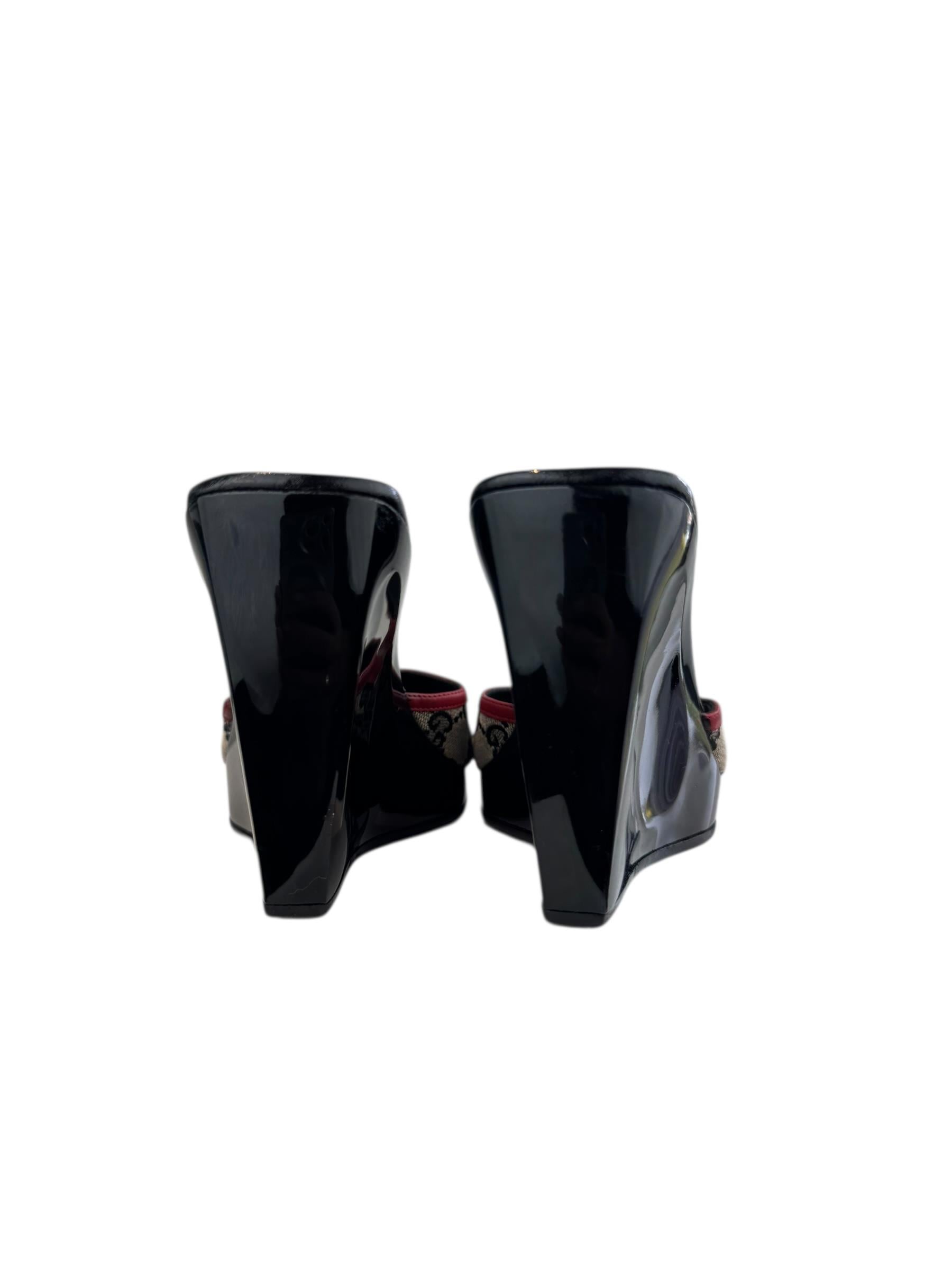 GUCCI 2001 RED GG CANVAS WEDGE MULES
