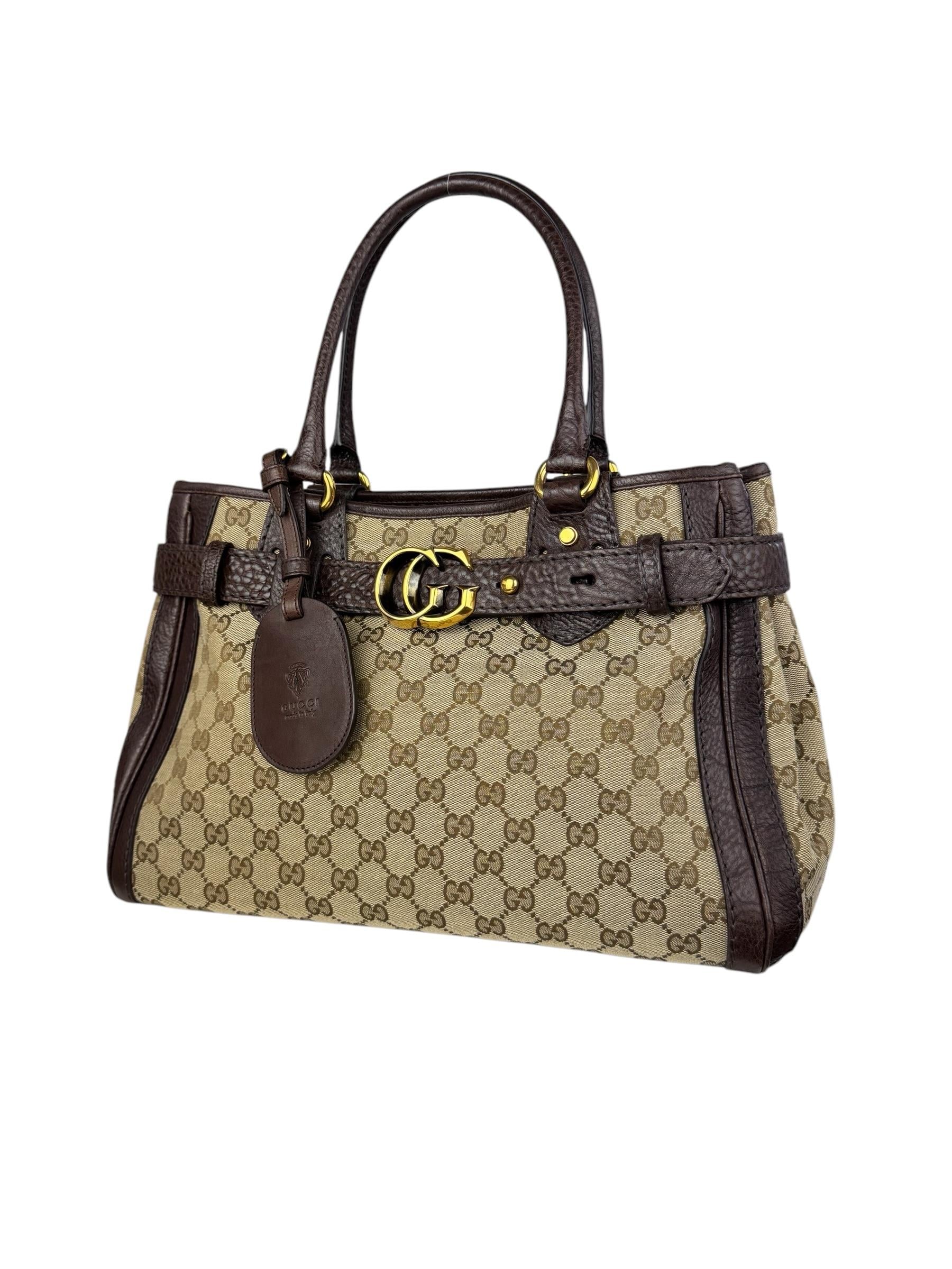 GUCCI BEIGE EBONY GG CANVAS RUNNING TOTE BAG