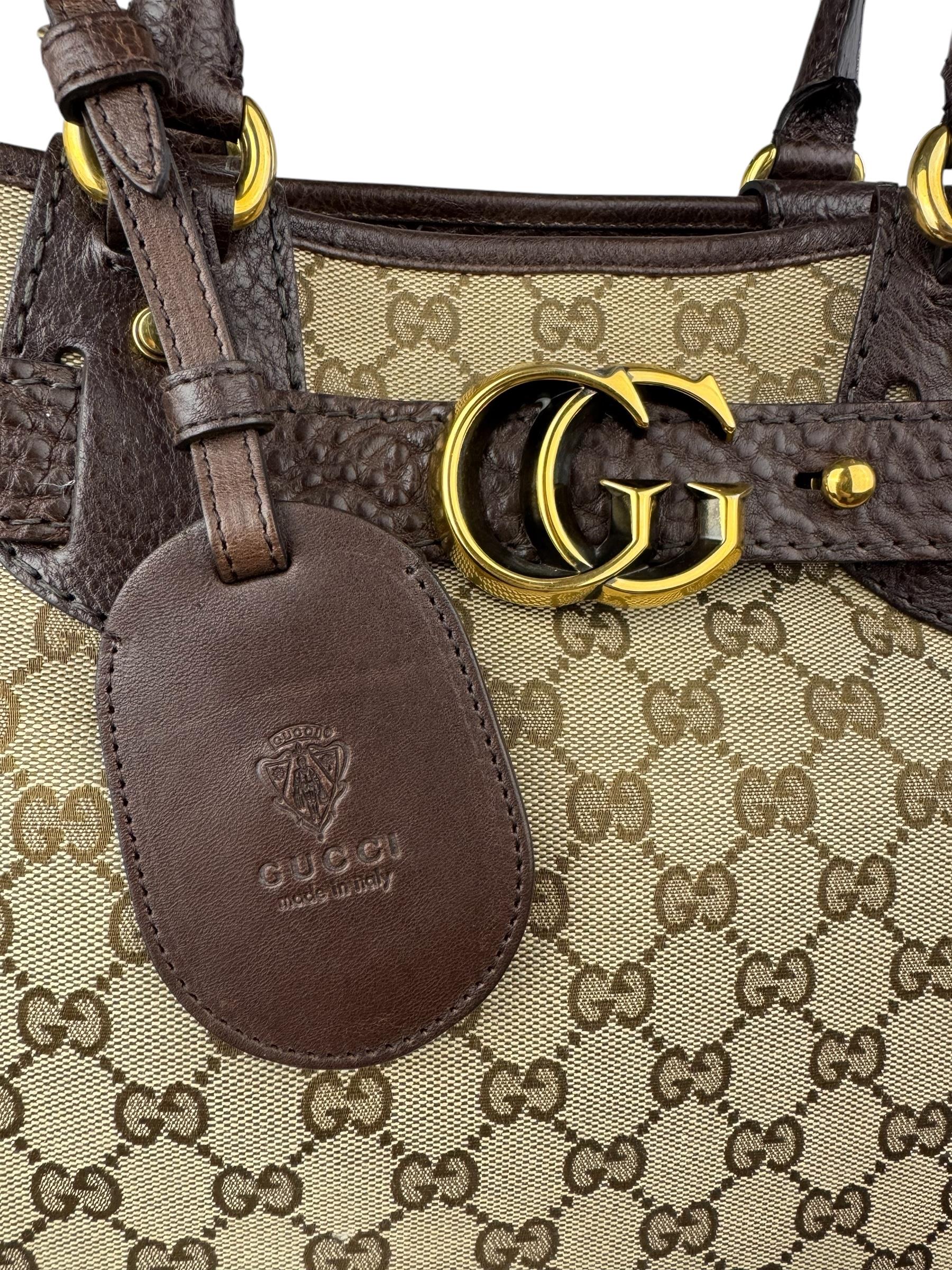 GUCCI BEIGE EBONY GG CANVAS RUNNING TOTE BAG