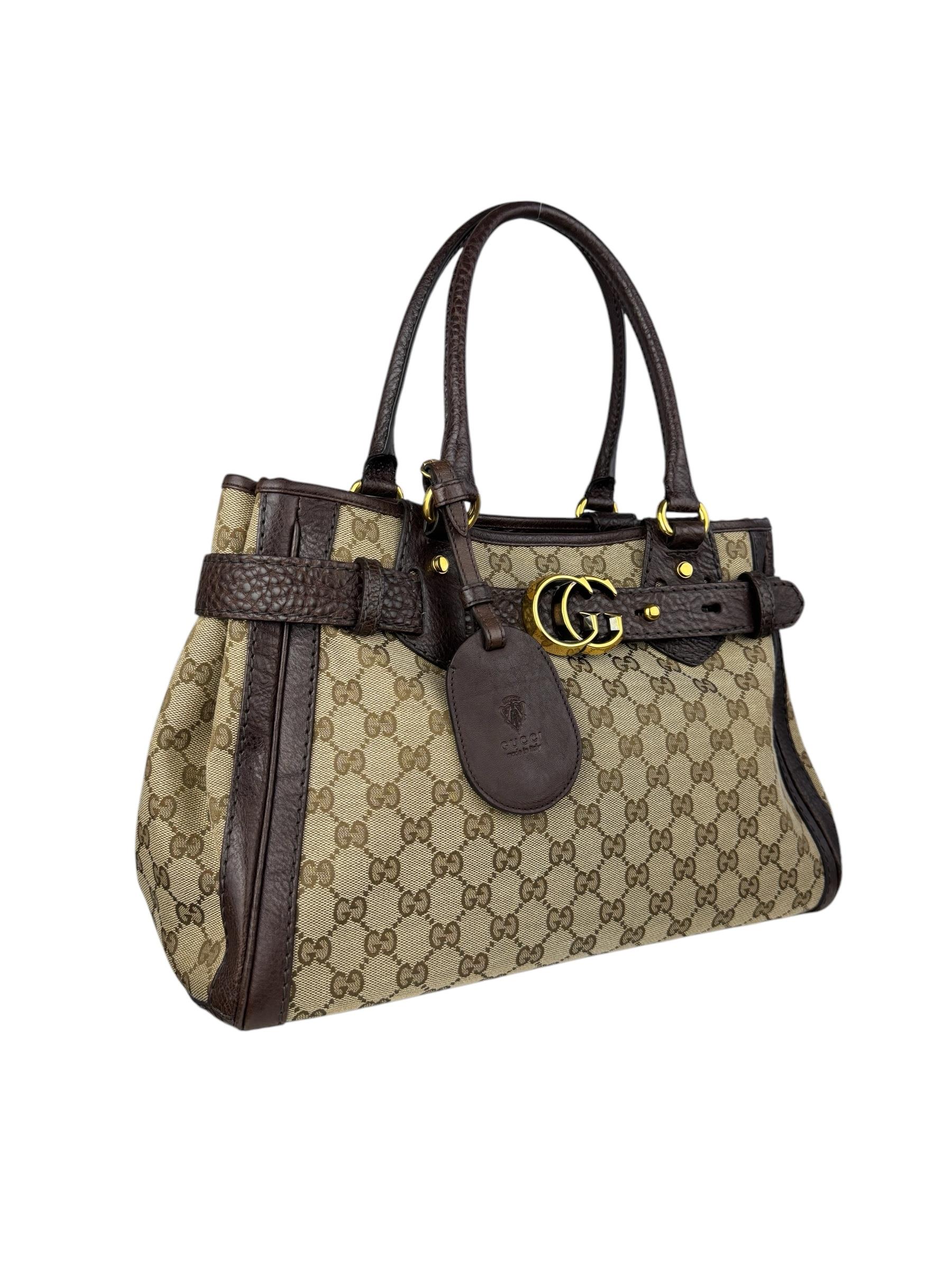 GUCCI BEIGE EBONY GG CANVAS RUNNING TOTE BAG