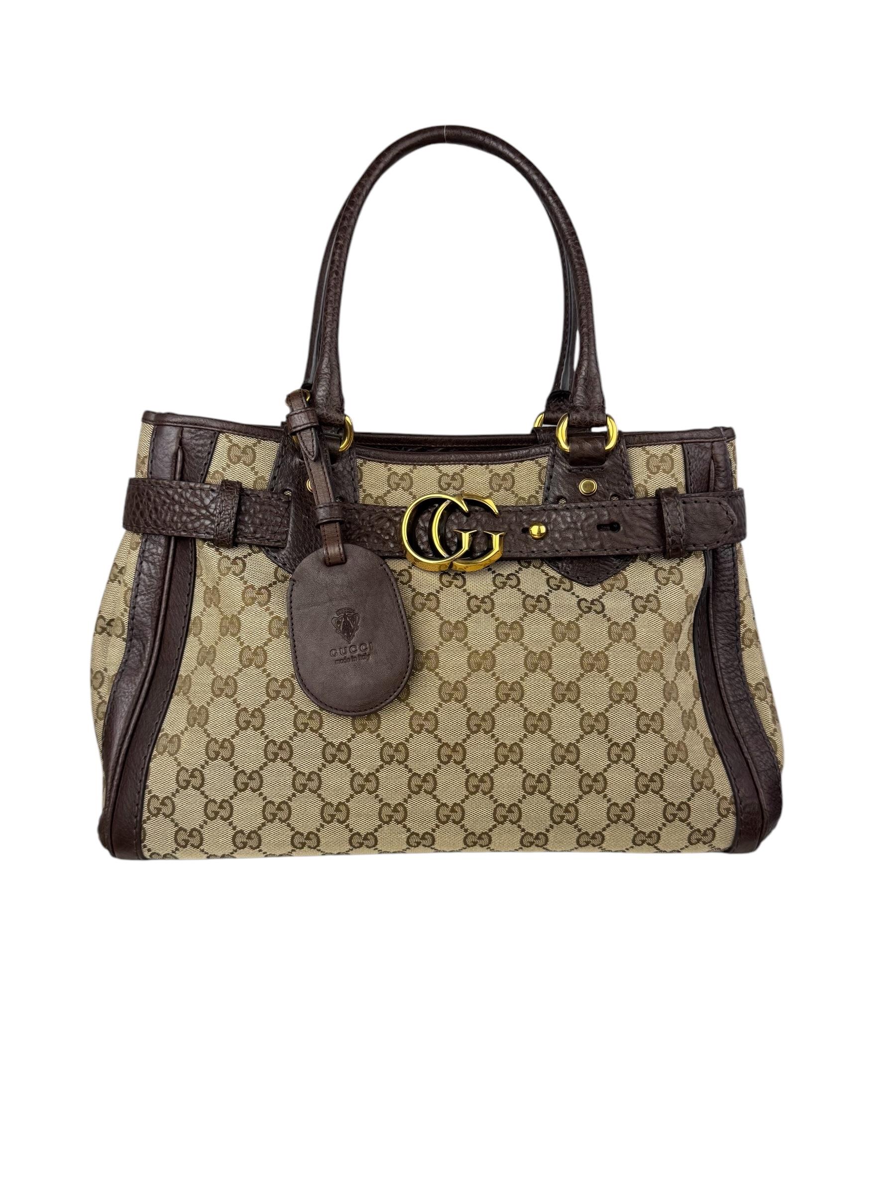 GUCCI BEIGE EBONY GG CANVAS RUNNING TOTE BAG