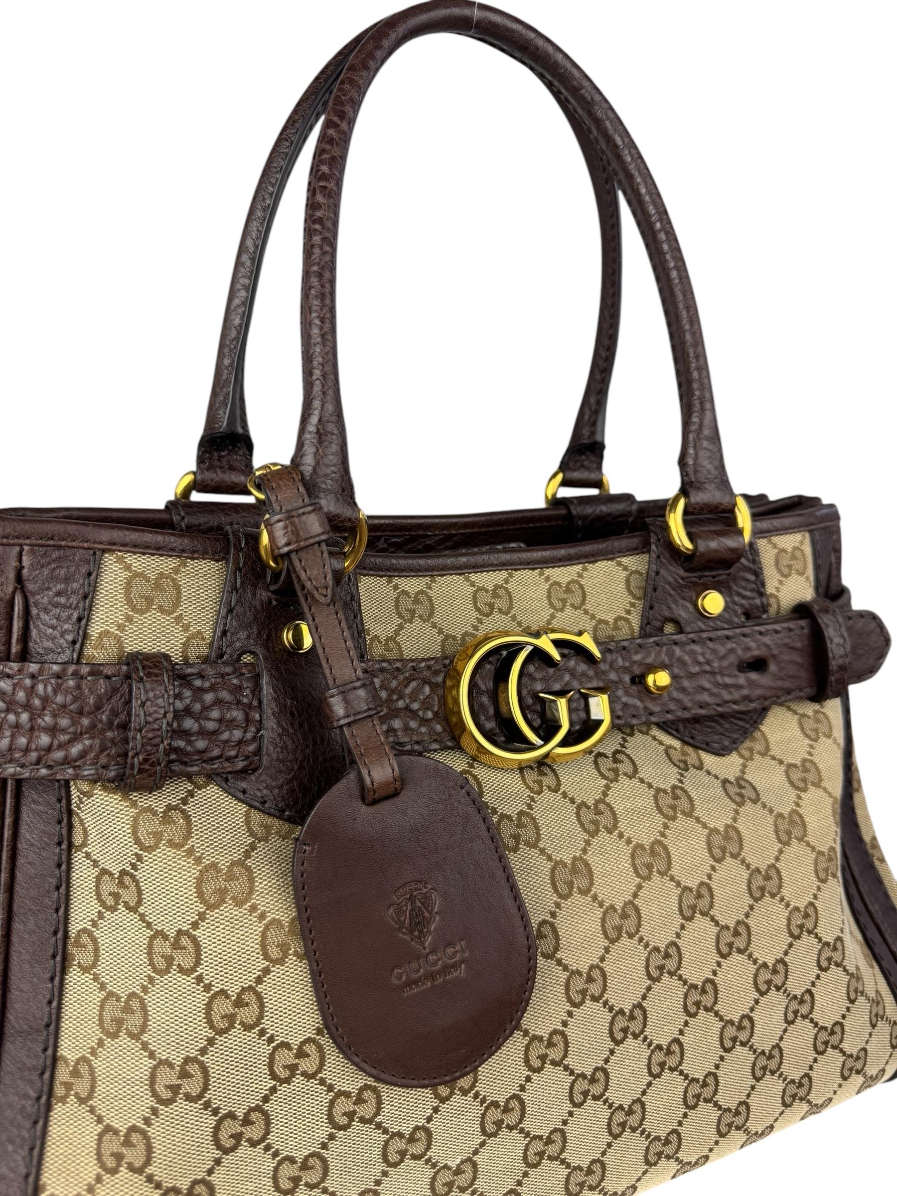 GUCCI BEIGE EBONY GG CANVAS RUNNING TOTE BAG
