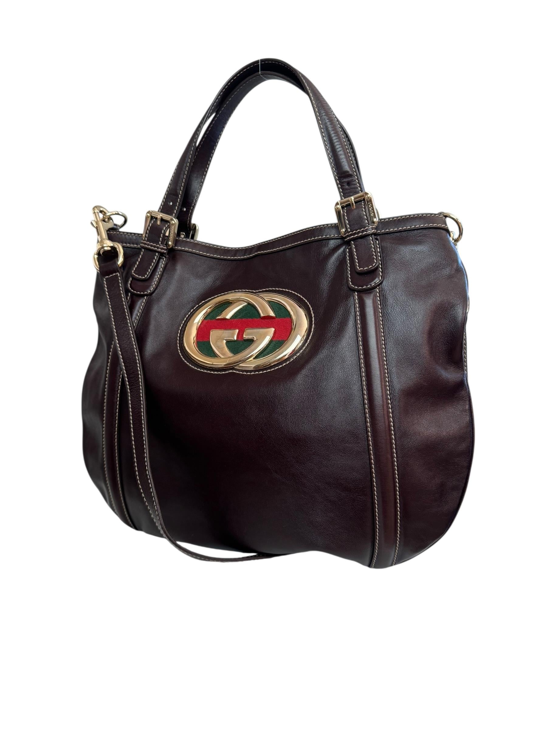 GUCCI DARK BROWN GG WEB BRITT TOTE BAG